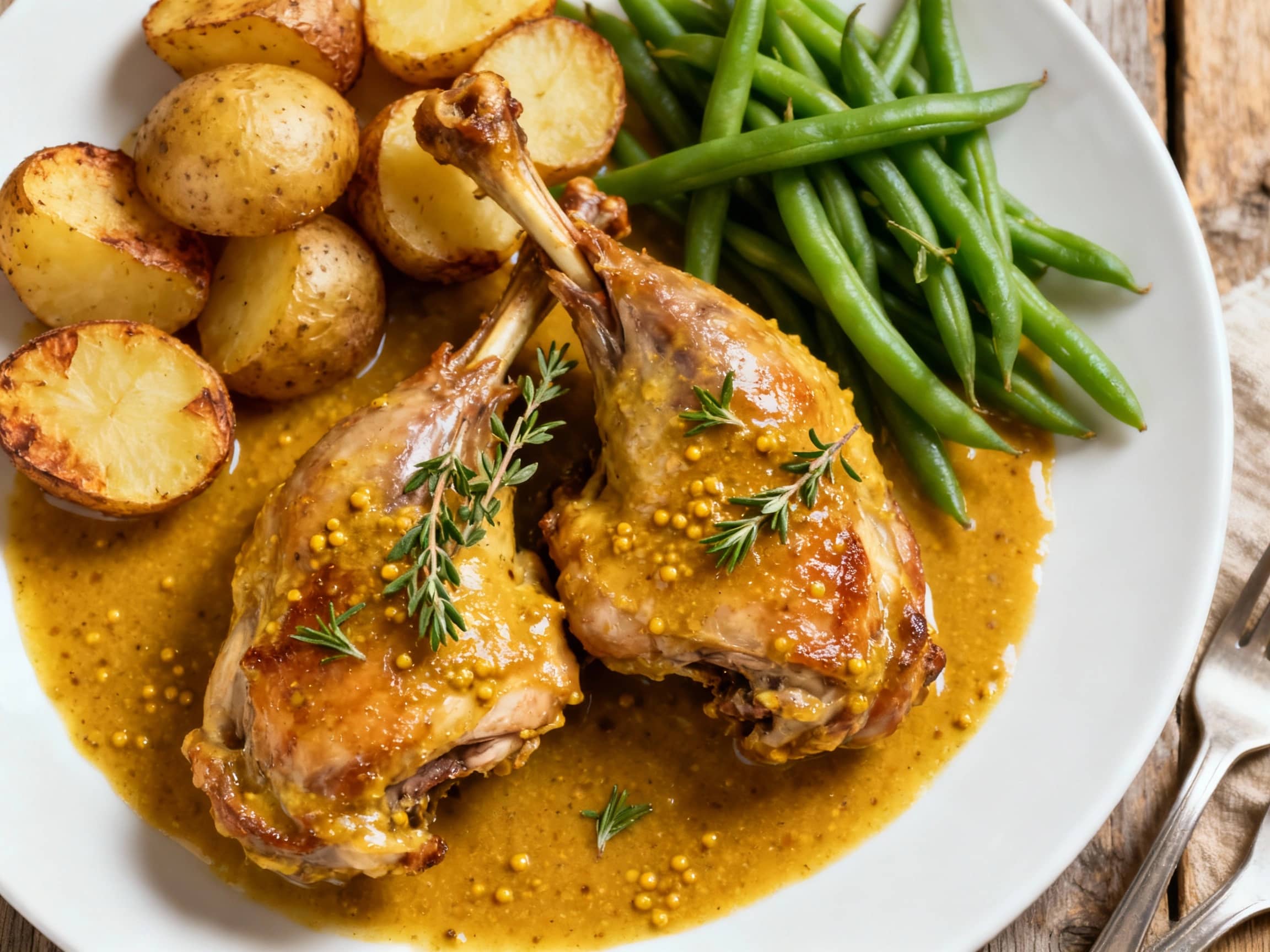Tender rabbit pieces stewed in a rich, mustard-infused sauce are artfully arranged in a rustic earthenware bowl, garnished with fresh parsley and served with crusty bread.