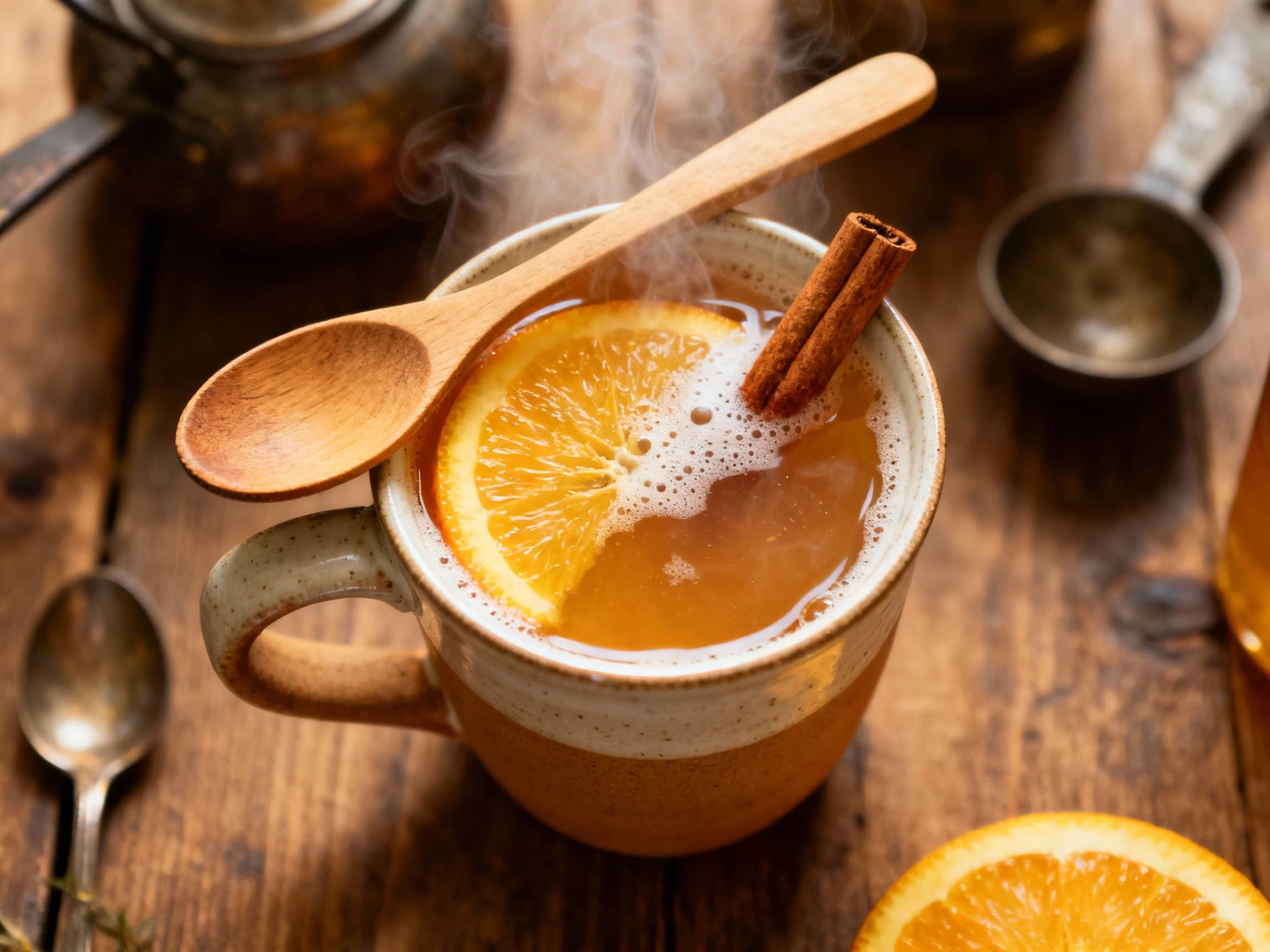 A warm Butter Rum Hot Toddy steams invitingly in a clear glass mug, topped with whipped cream and a sprinkle of cinnamon against a soft, cozy background.