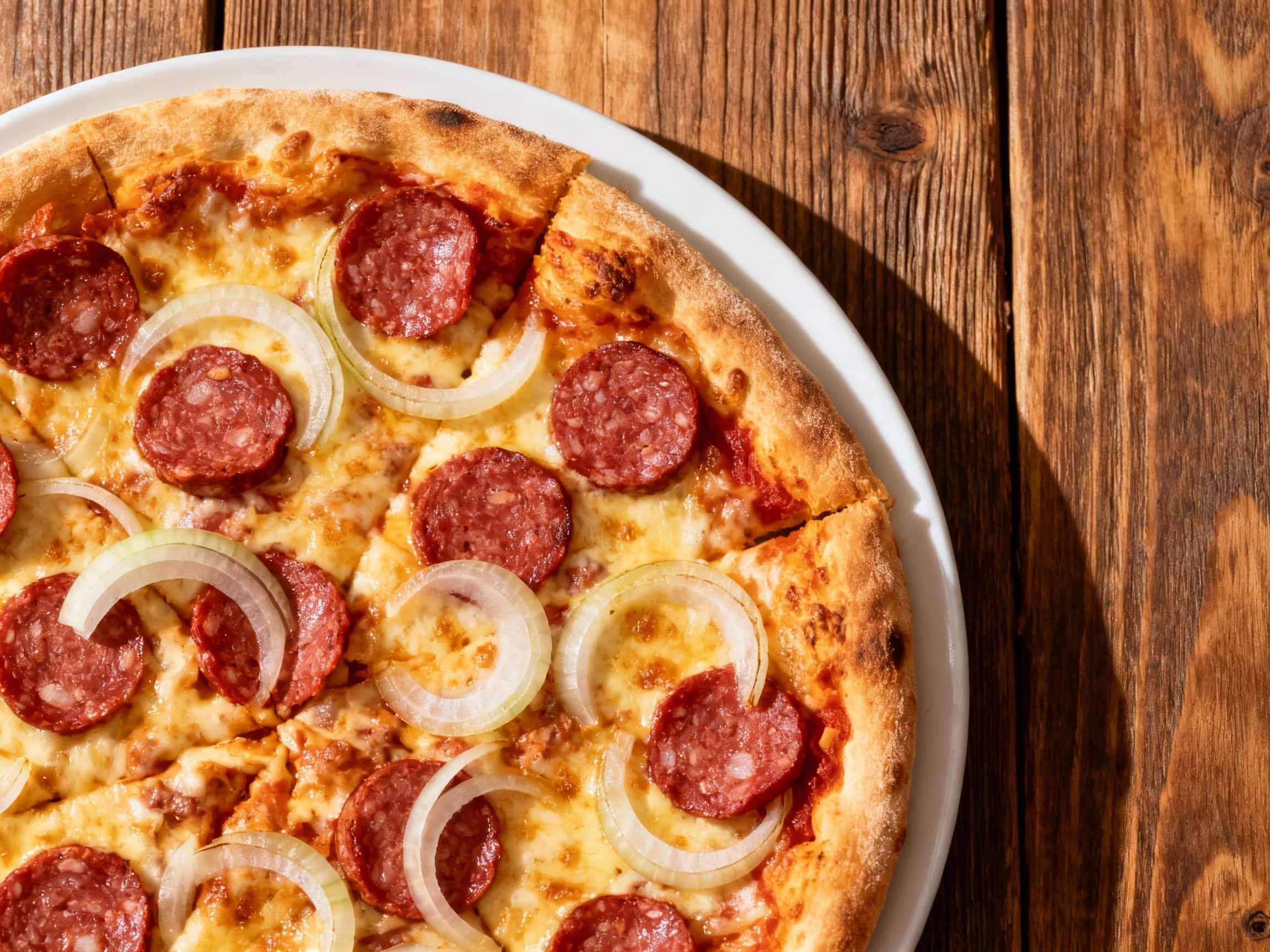 Close-up of Classic Calabresa Brazilian Pizza with Onions Brazilian cuisine cuisine served on a plate with fresh herbs, warm natural lighting, visible textures, and clean background; descriptive alt text for accessibility and SEO.