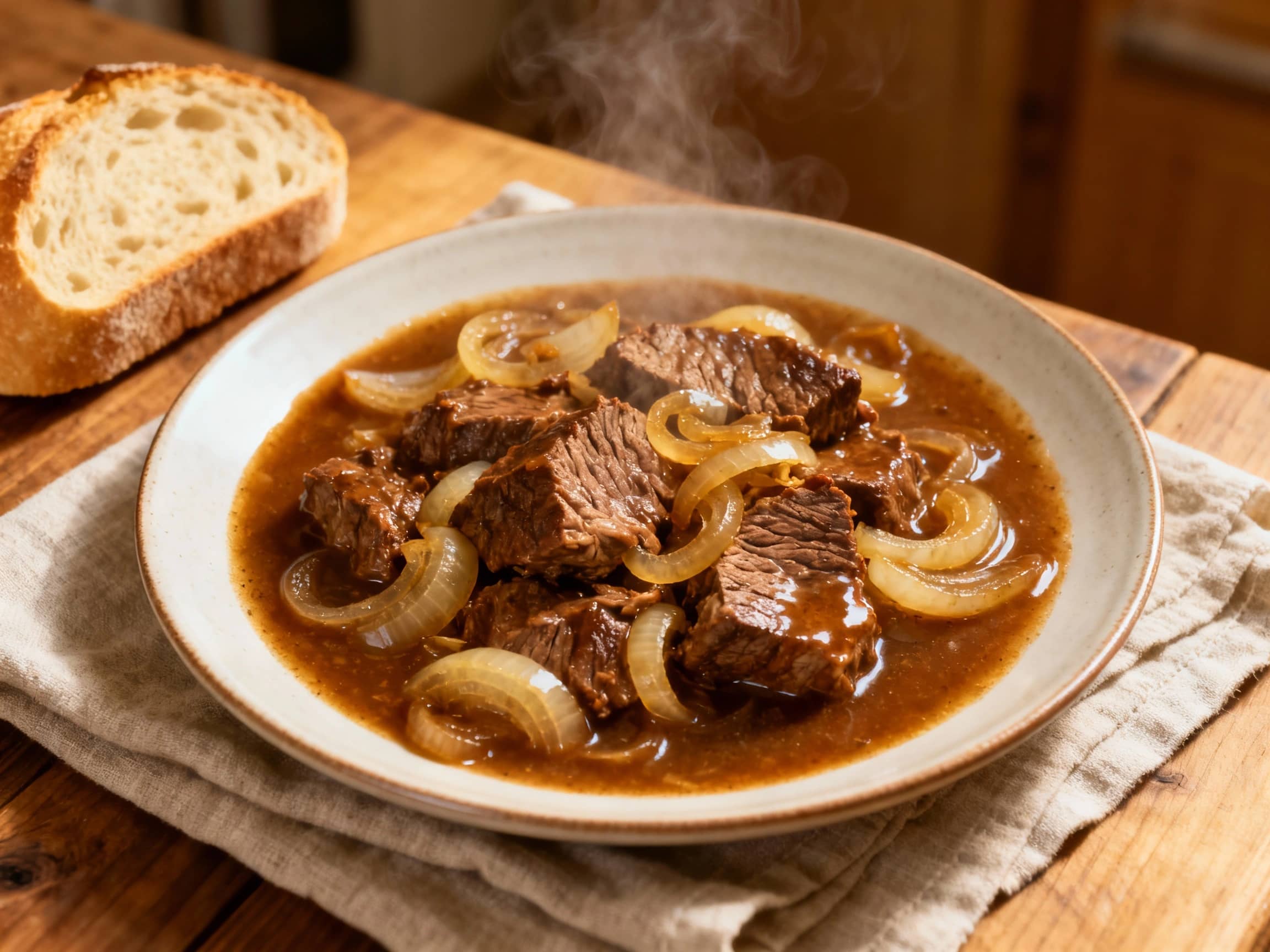 A rich, dark Belgian beef stew simmers in a cast iron pot, topped with a crusty bread crouton and a sprig of fresh parsley.