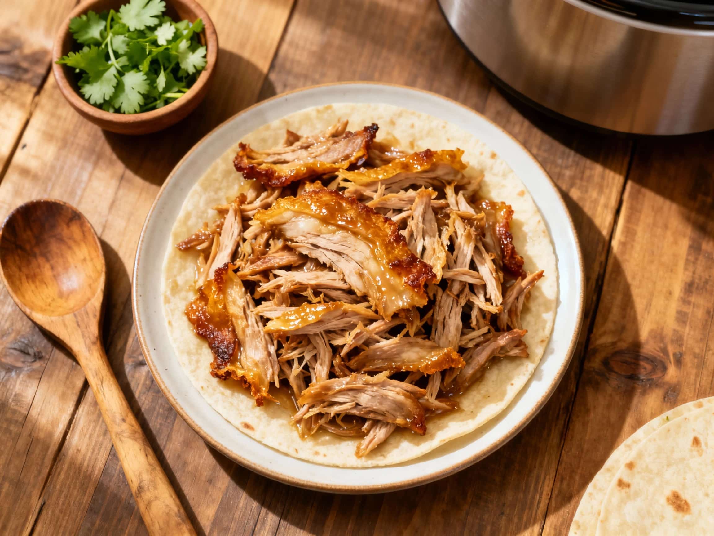 Shredded pork carnitas, glistening with rendered fat, are piled high in a rustic ceramic bowl, garnished with finely chopped cilantro and slivers of white onion, evoking a comforting and authentic culinary experience.
