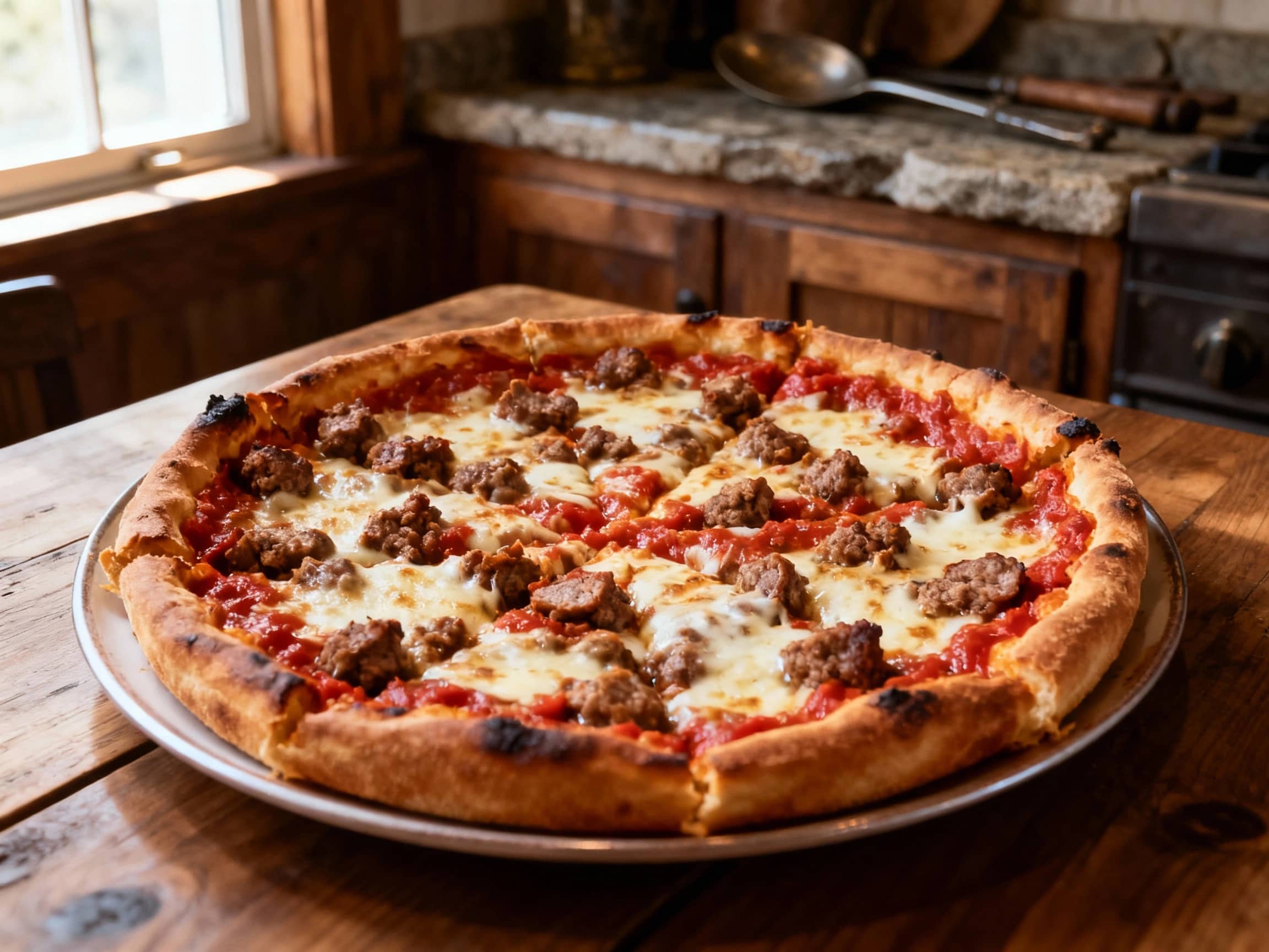 A golden-brown, thick-crust pizza is generously topped with bubbling mozzarella, zesty tomato sauce, and savory sausage, served hot and inviting.