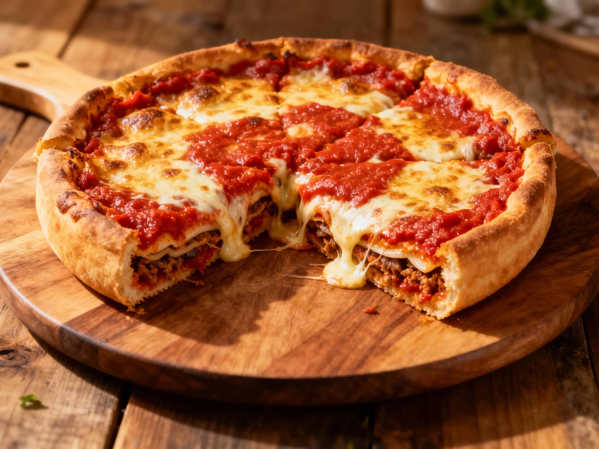 A thick-crust Chicago-style pizza, generously stuffed with cheese and toppings, bakes to golden perfection, ready to be sliced and enjoyed.