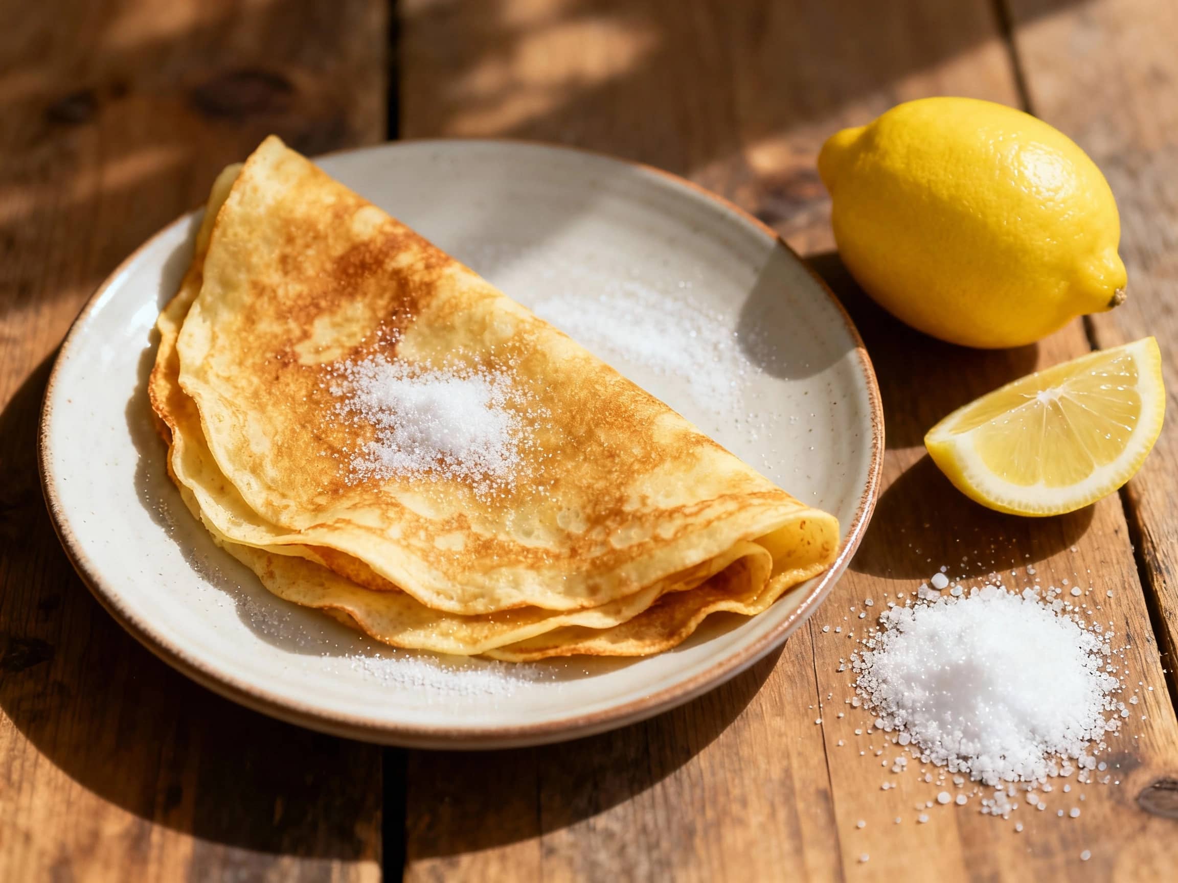 Thin, golden crêpes are dusted generously with white sugar and bright yellow lemon zest, served neatly folded on a white plate with a soft, natural light.