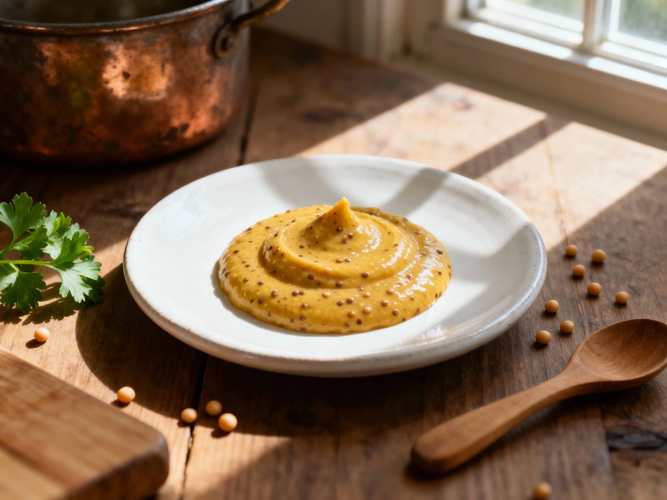 A jar of creamy, homemade Dijon mustard sits on a rustic wooden surface, catching the warm light of a nearby window.
