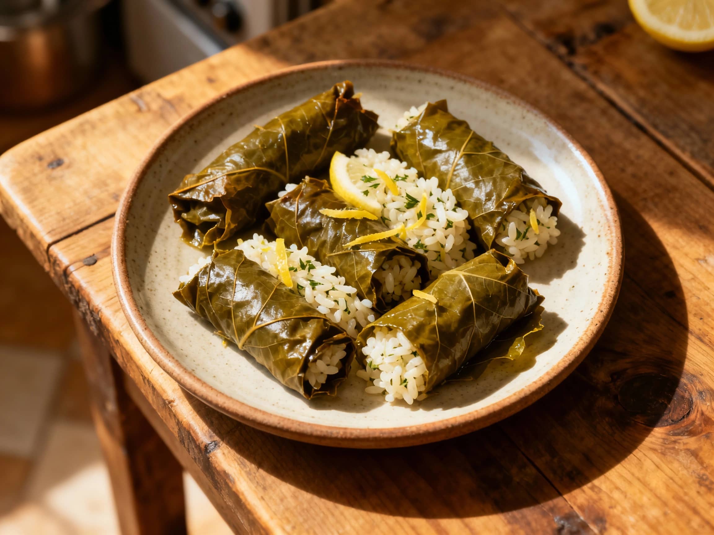 Neatly rolled dolmades, glistening with olive oil, are piled high on a rustic plate, garnished with fresh parsley and wedges of bright lemon.