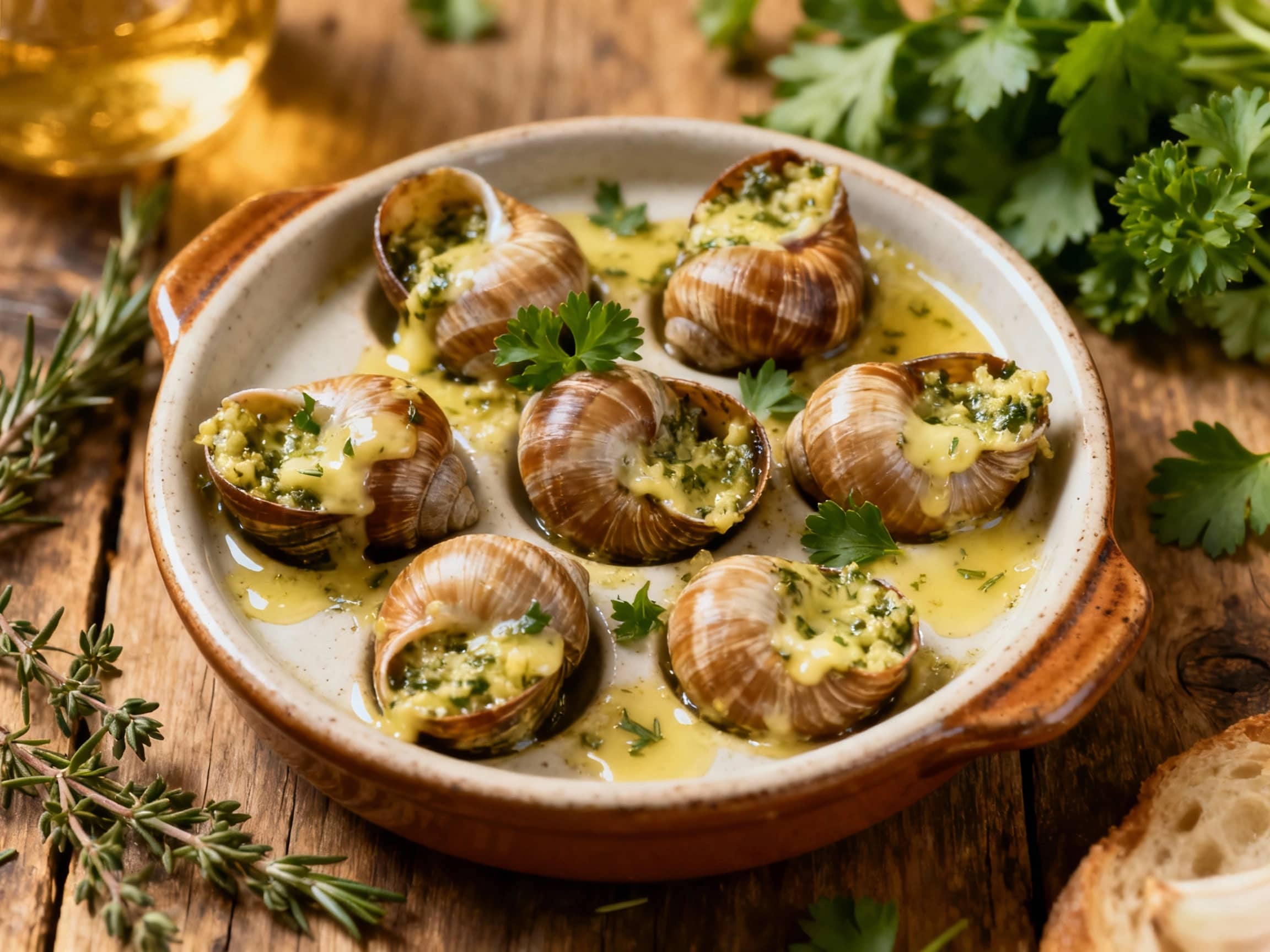 Steaming snail shells are nestled in a bubbling pool of rich garlic and herb butter, ready to be enjoyed with crusty bread.