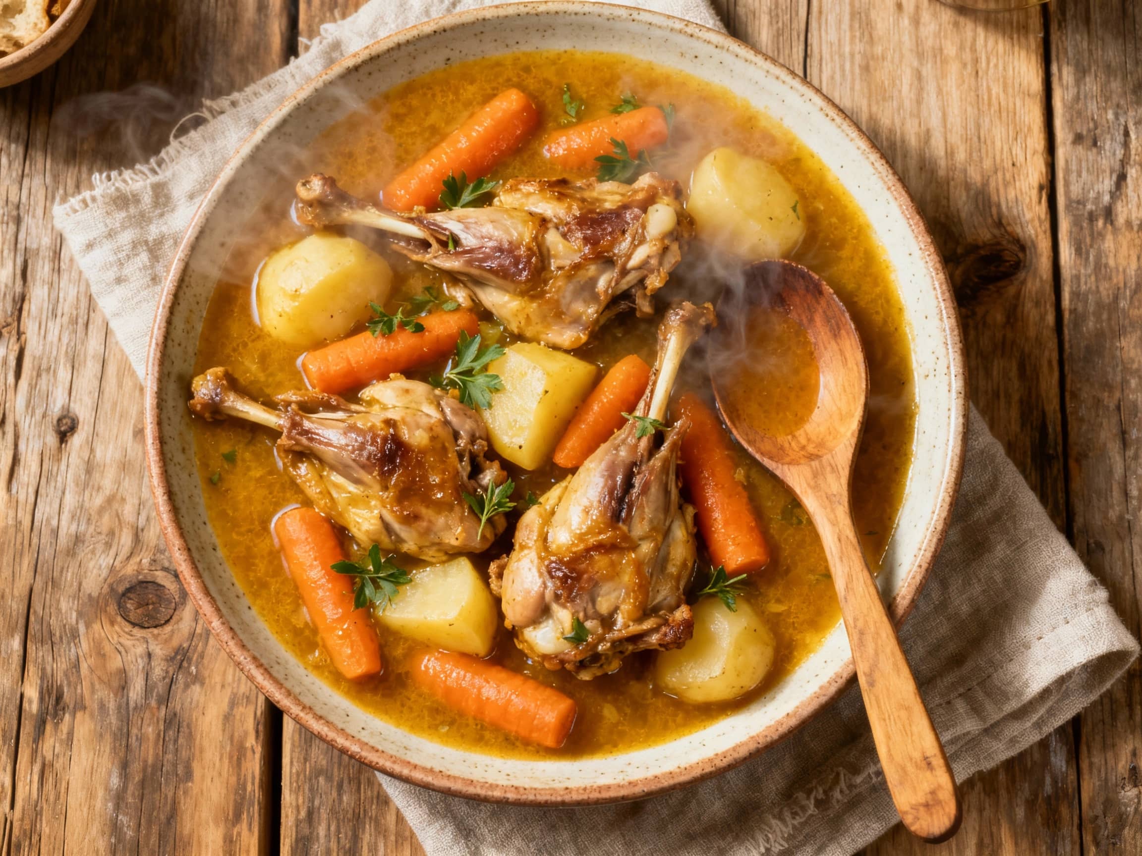 A rustic clay pot overflows with tender, golden-brown rabbit pieces simmered in a rich, aromatic stew, garnished with fresh parsley and served hot.