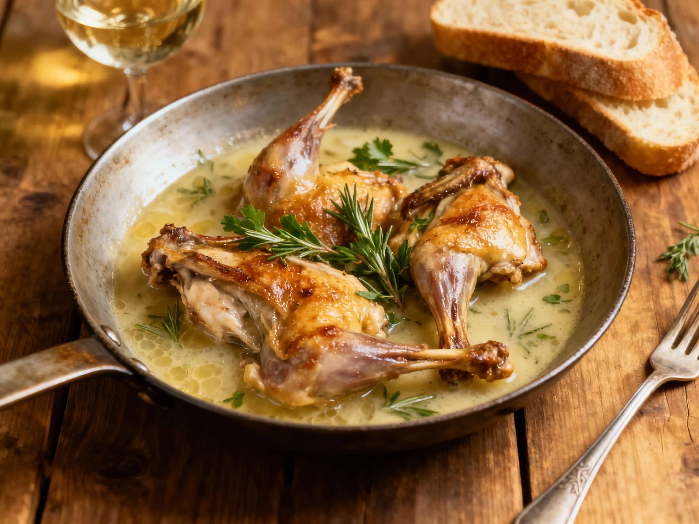 A beautiful, rustic plate overflows with tender, golden-brown rabbit pieces, glistening with a savory sauce and garnished with fresh herbs, promising a rich and flavorful meal.