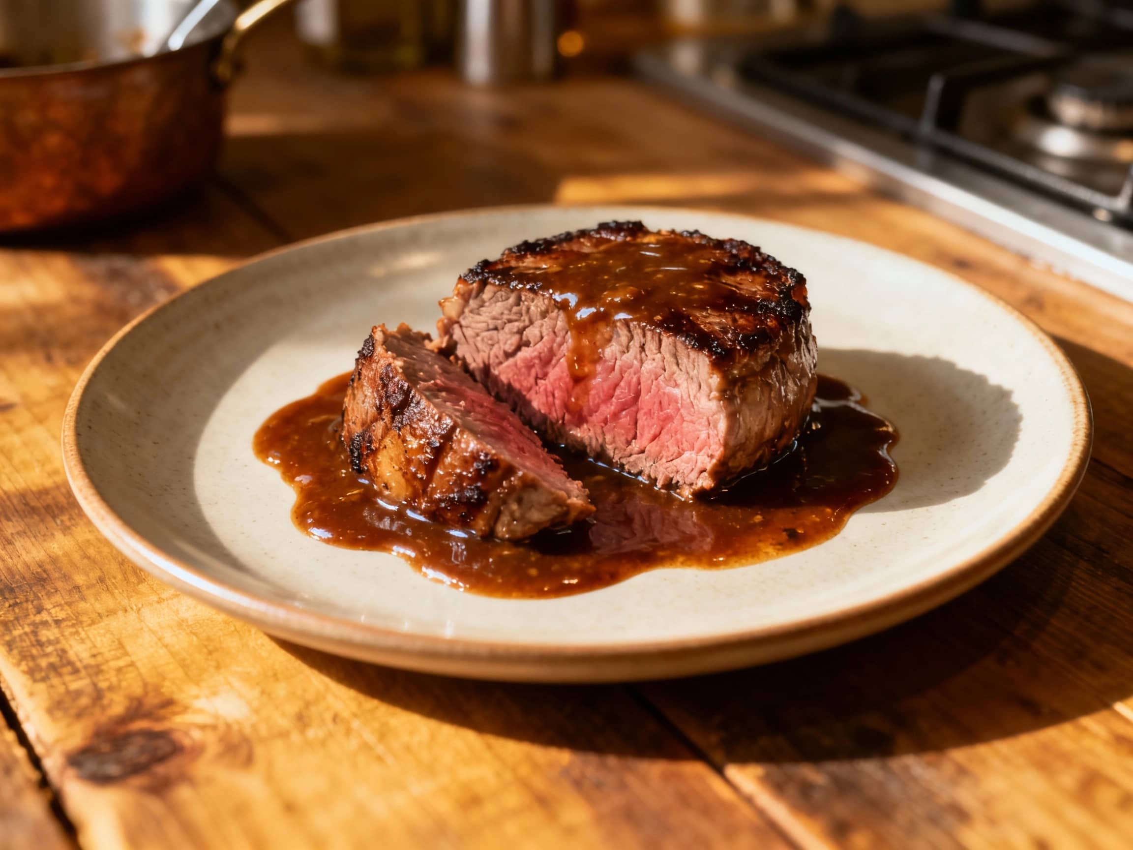 A perfectly seared filet mignon rests on a white plate, generously drizzled with a deep, glossy Bordelaise sauce and garnished with fresh green herbs.