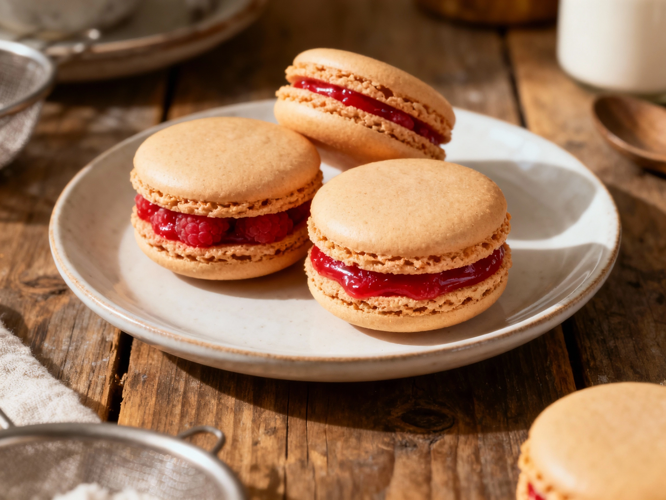 Delicate raspberry macarons, dusted with powdered sugar, are beautifully arranged on a white plate with a fresh raspberry accent.