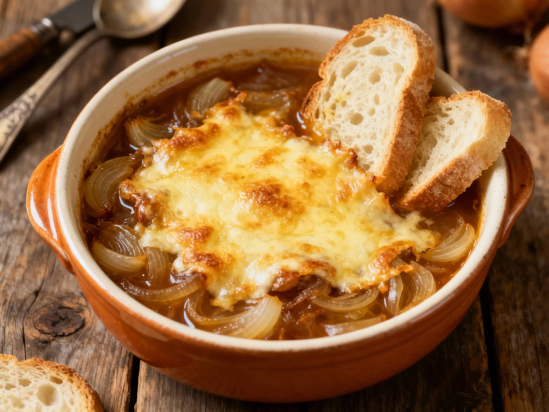 A bubbling-hot crock of French onion soup, topped with a thick, golden-brown crust of melted Gruyère cheese and toasted bread, ready to be enjoyed.