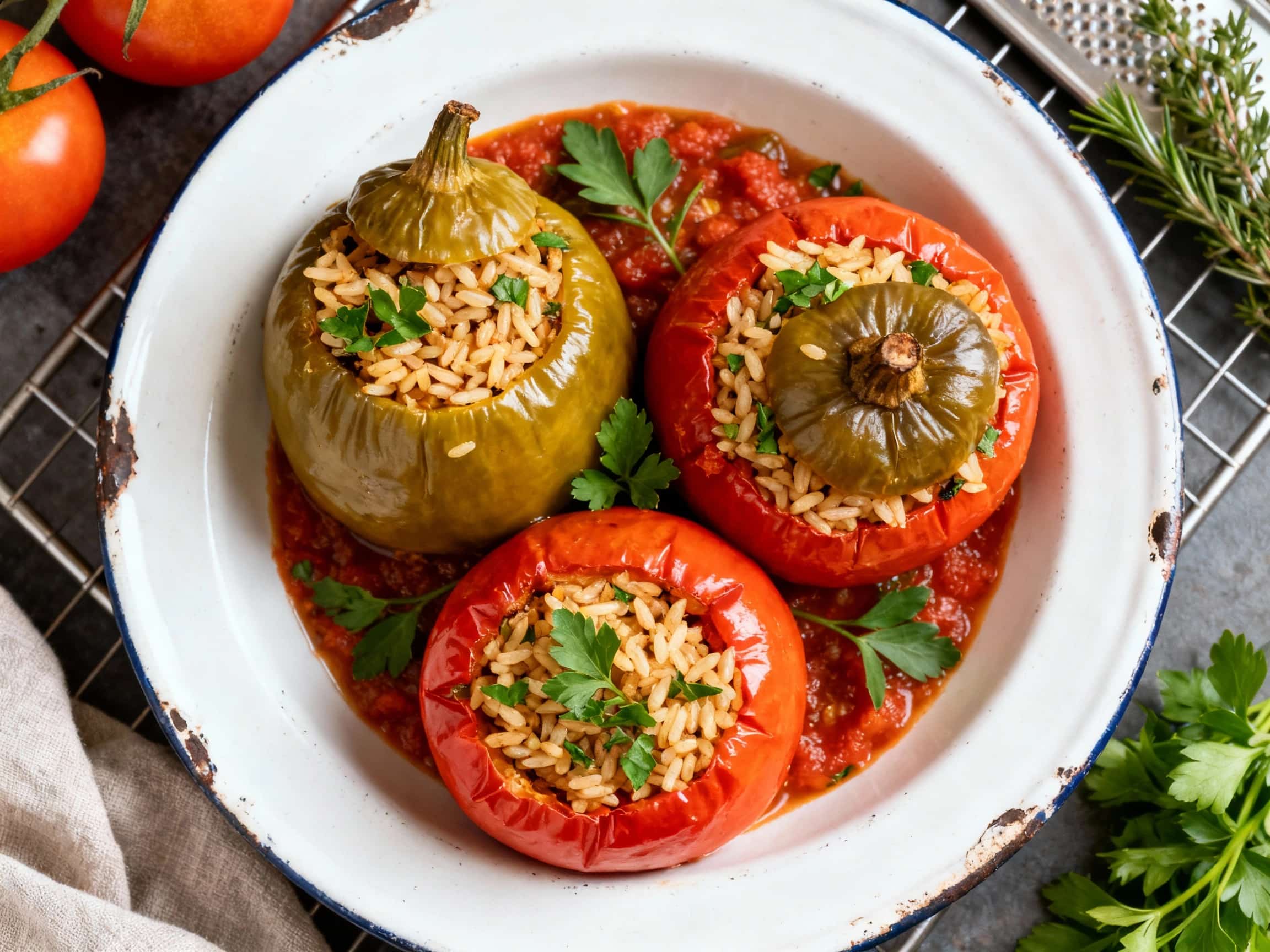 A vibrant Greek Gemista, featuring baked tomatoes and peppers overflowing with fluffy rice and fresh herbs, is plated invitingly, ready to be enjoyed.