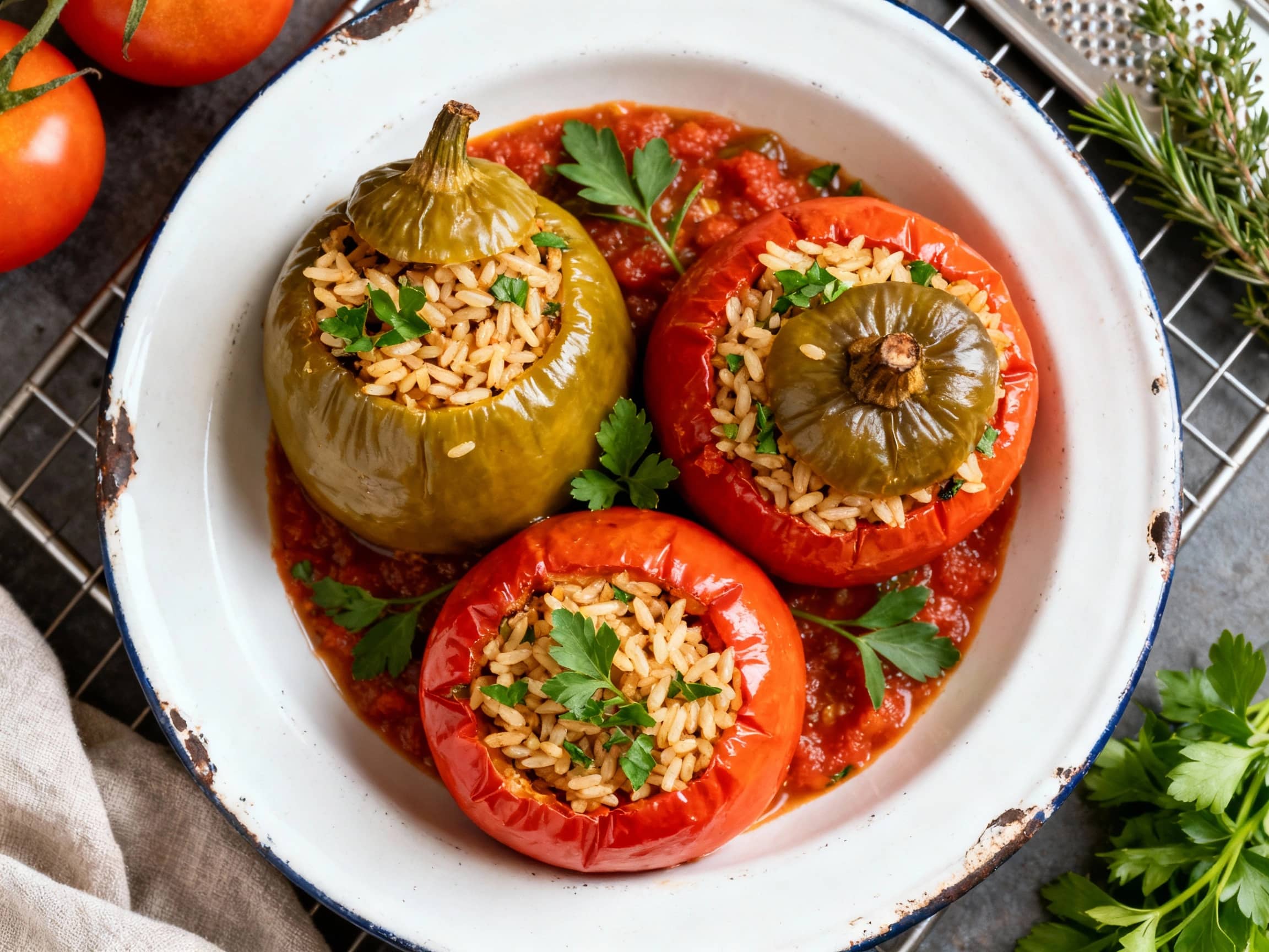 A vibrant Greek Gemista, featuring baked tomatoes and peppers overflowing with fluffy rice and fresh herbs, is plated invitingly, ready to be enjoyed.