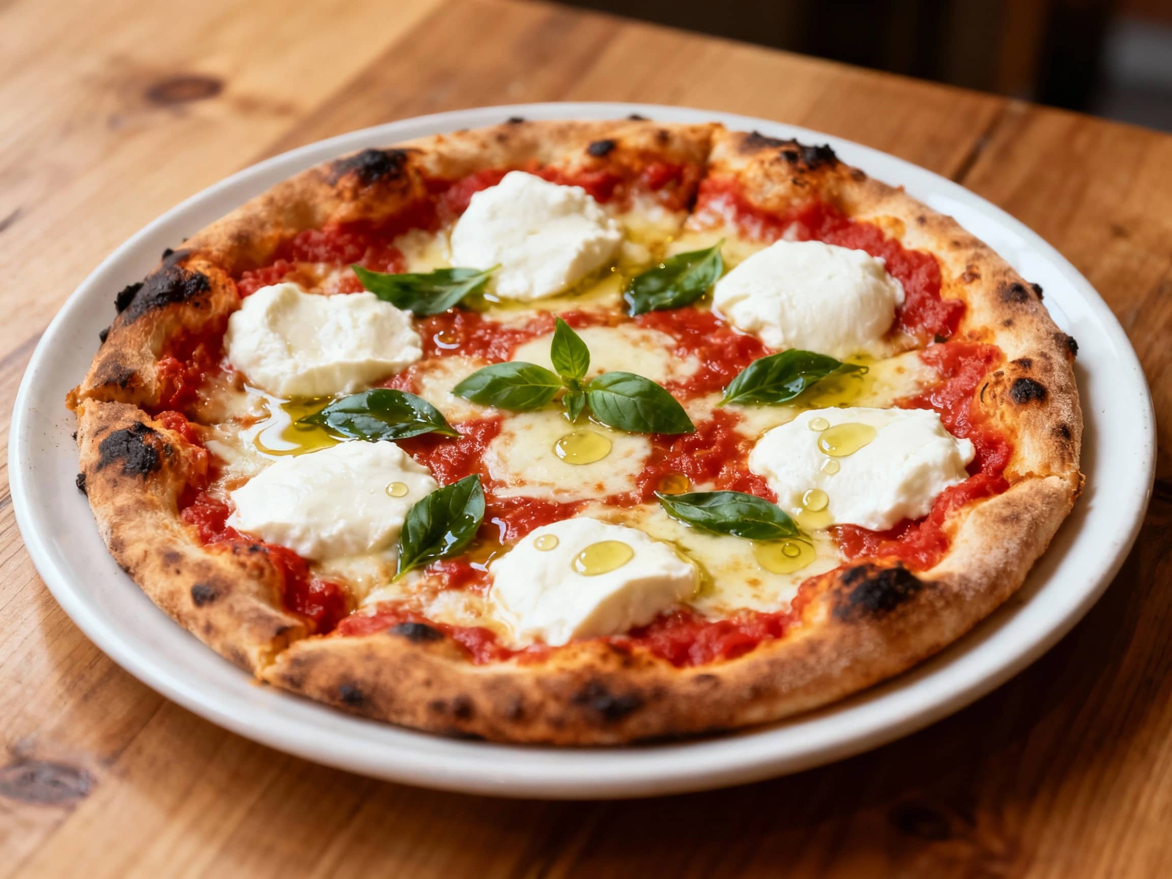 A golden-brown, rustic pizza, straight from the oven, topped with melted fresh mozzarella, vibrant red tomato sauce, and a scattering of fresh basil leaves on a wooden board.