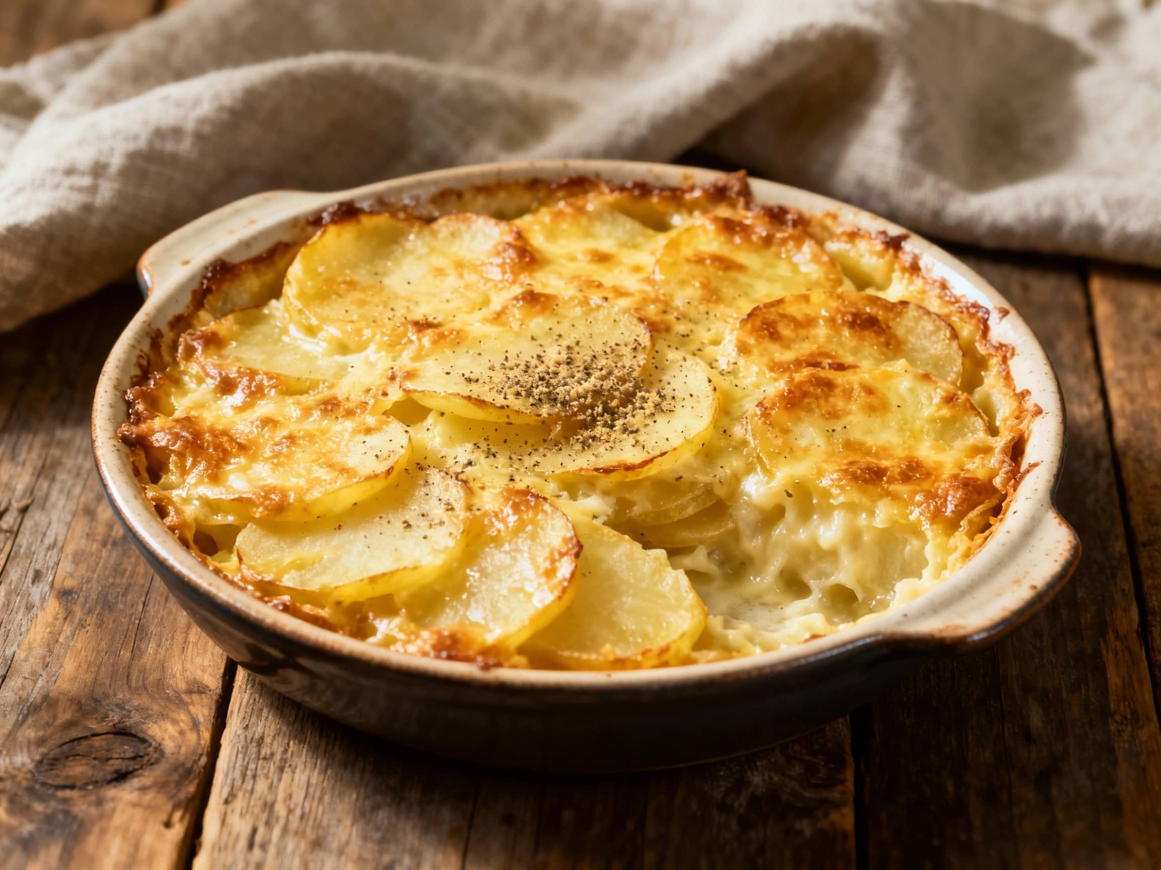 A golden-brown, bubbling gratin dauphinois is generously portioned in a rustic ceramic baking dish, topped with fresh parsley.