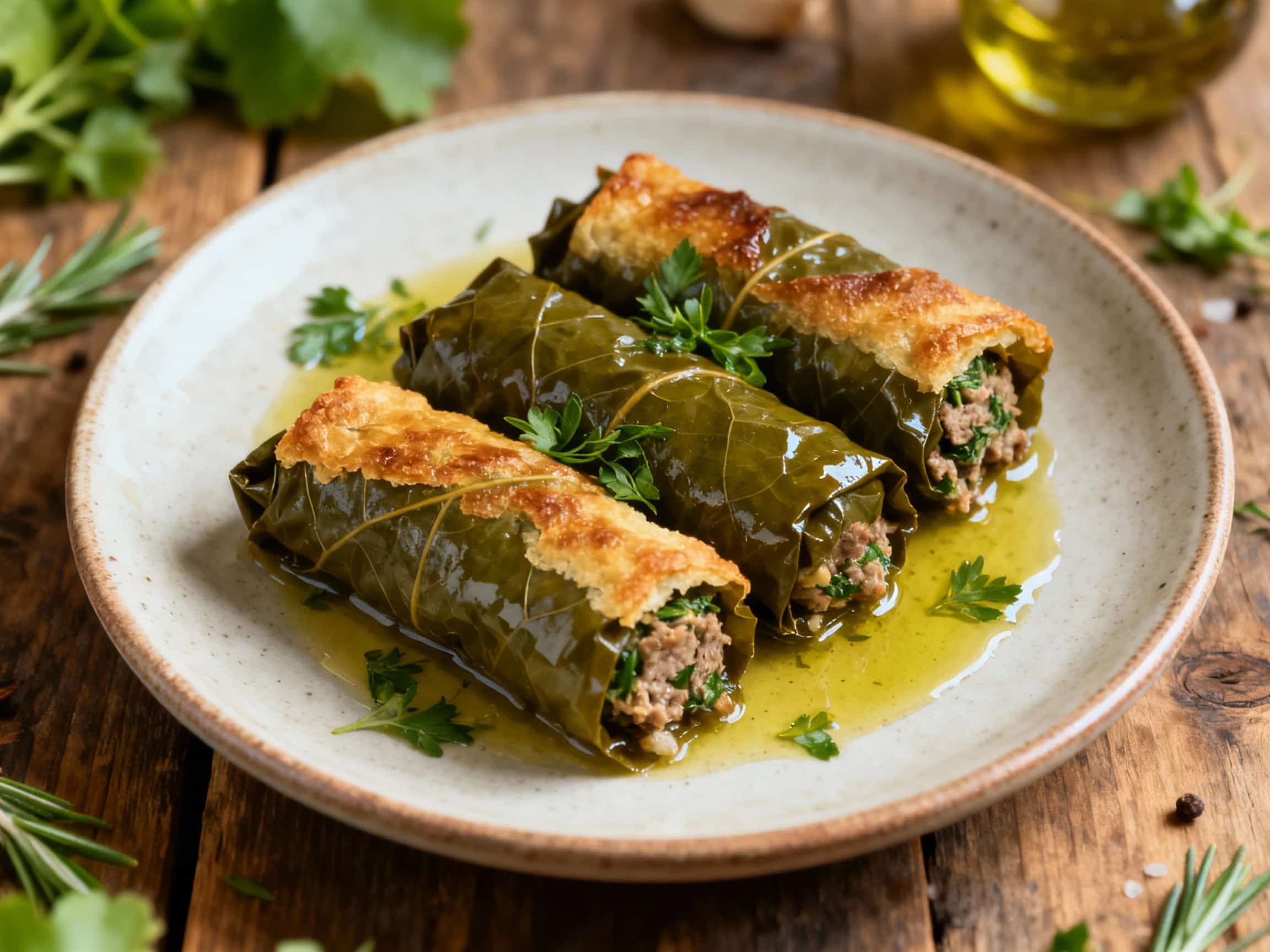 Tender grape leaves stuffed with a savory mixture of ground lamb, rice, and fresh herbs are elegantly rolled and presented in a rustic serving dish, ready to be enjoyed.
