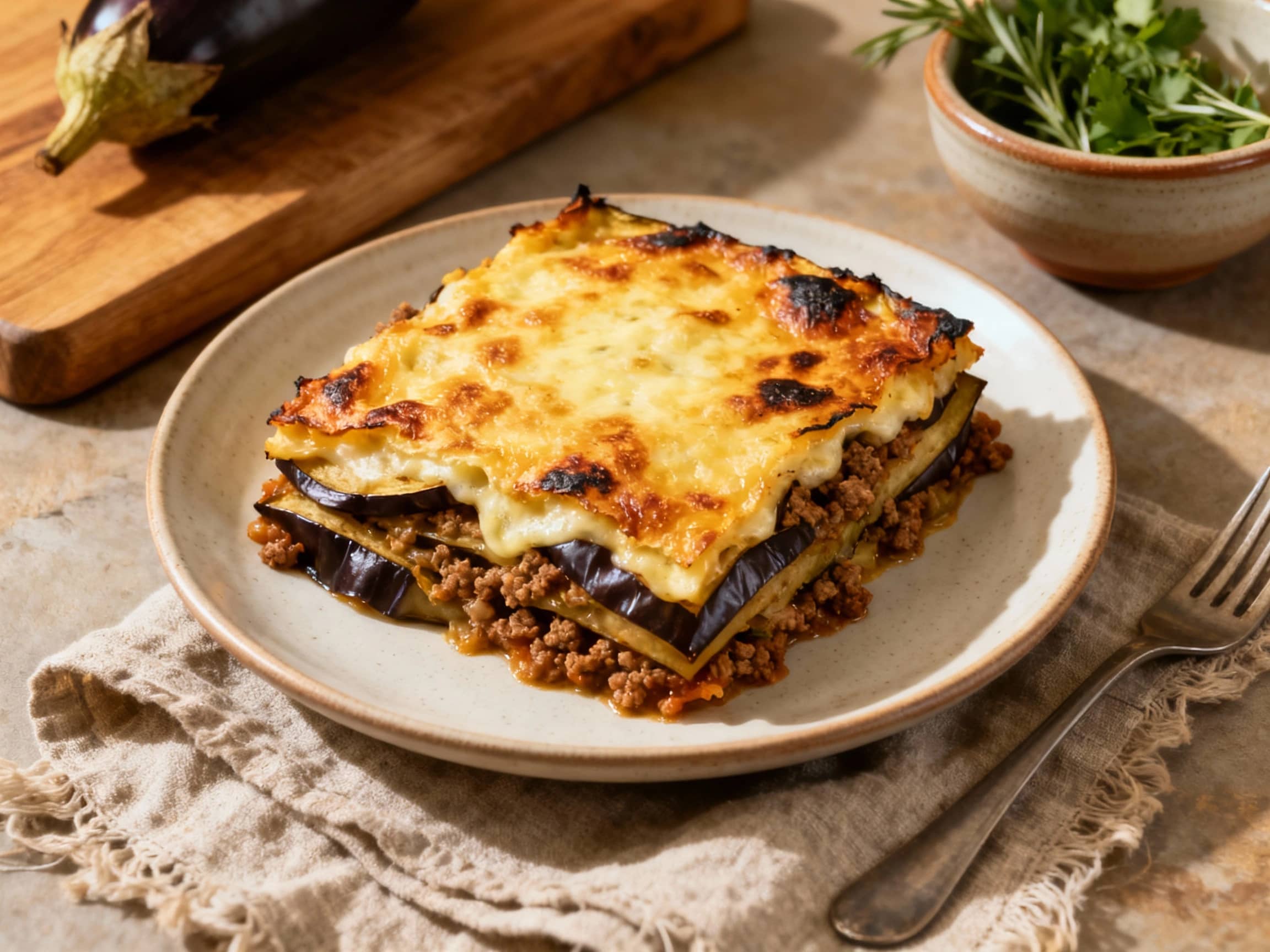 A golden-brown baked moussaka is sliced, revealing layers of eggplant, spiced meat sauce, and creamy béchamel, presented warm in a rustic casserole dish.