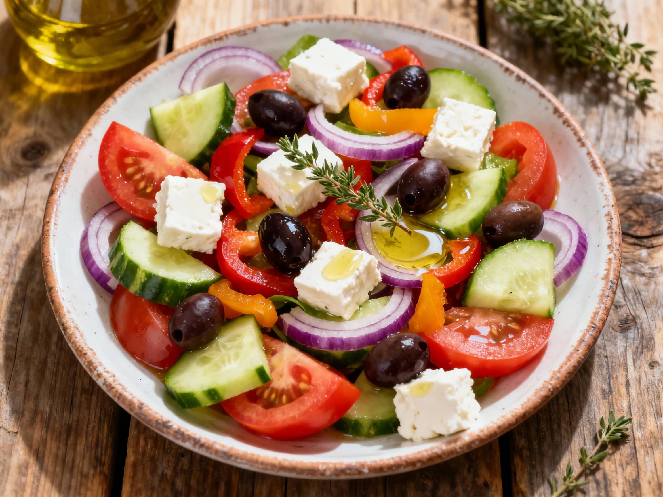 A vibrant Greek village salad is generously portioned in a rustic bowl, featuring bright cherry tomatoes, crisp cucumber slices, Kalamata olives, and cubes of feta cheese, all drizzled with olive oil and sprinkled with fresh oregano.
