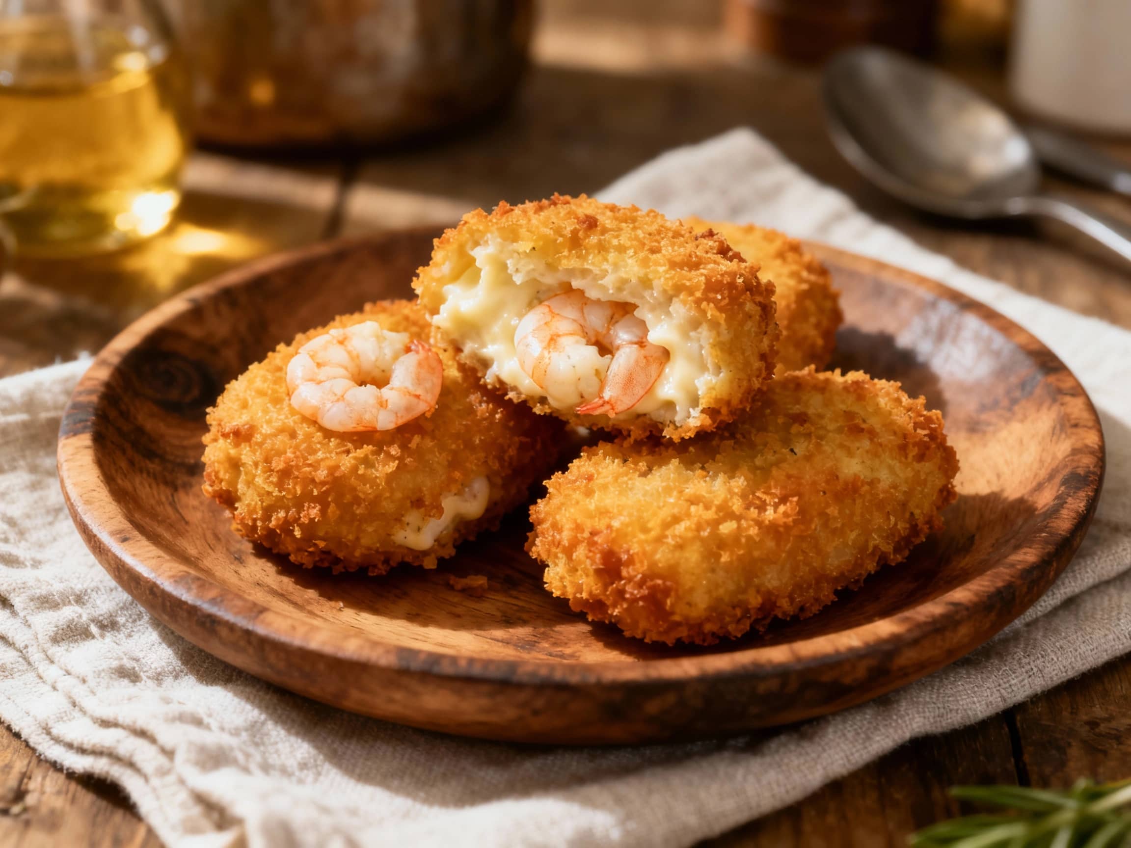 Golden-brown, crispy shrimp croquettes are neatly arranged on a white platter, garnished with fresh green parsley and a dollop of creamy white sauce for a delightful seafood appetizer.