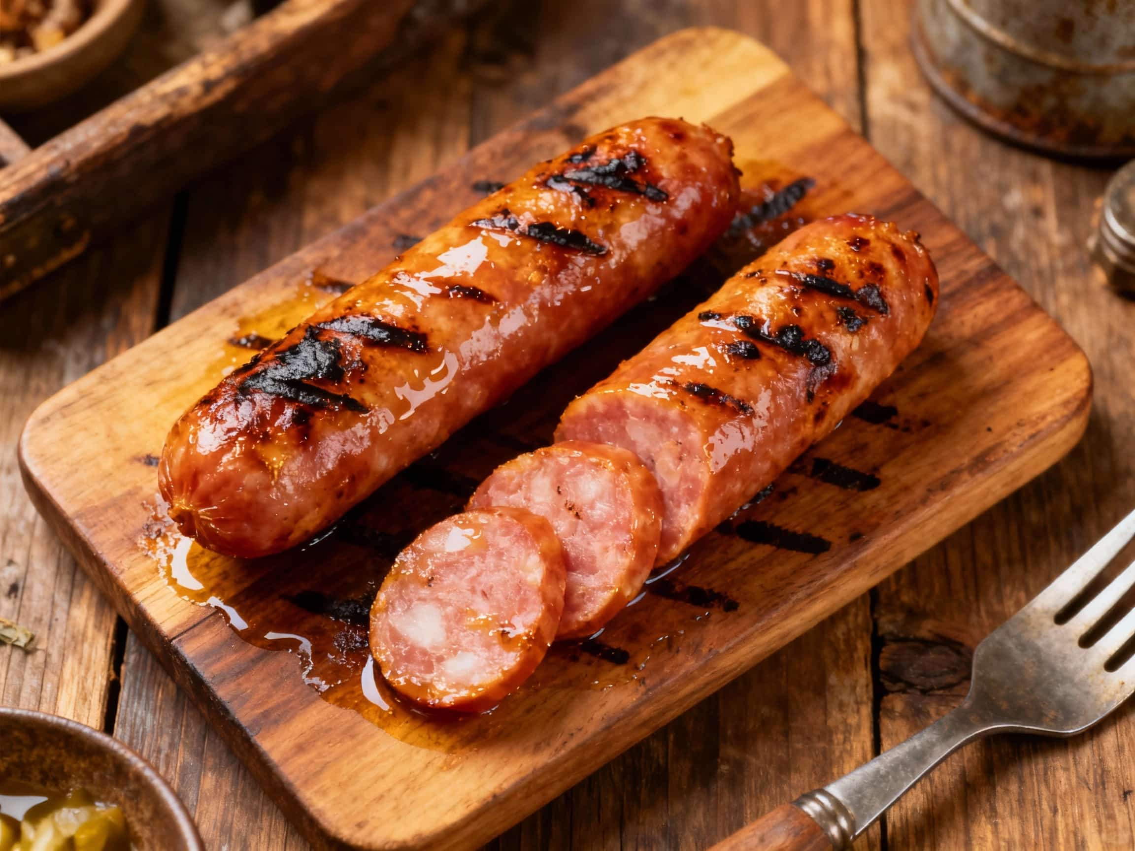 Juicy, glistening Taiwanese sausages char on a grill under warm lighting, their sweet and savory aroma promising a delightful street-food experience.