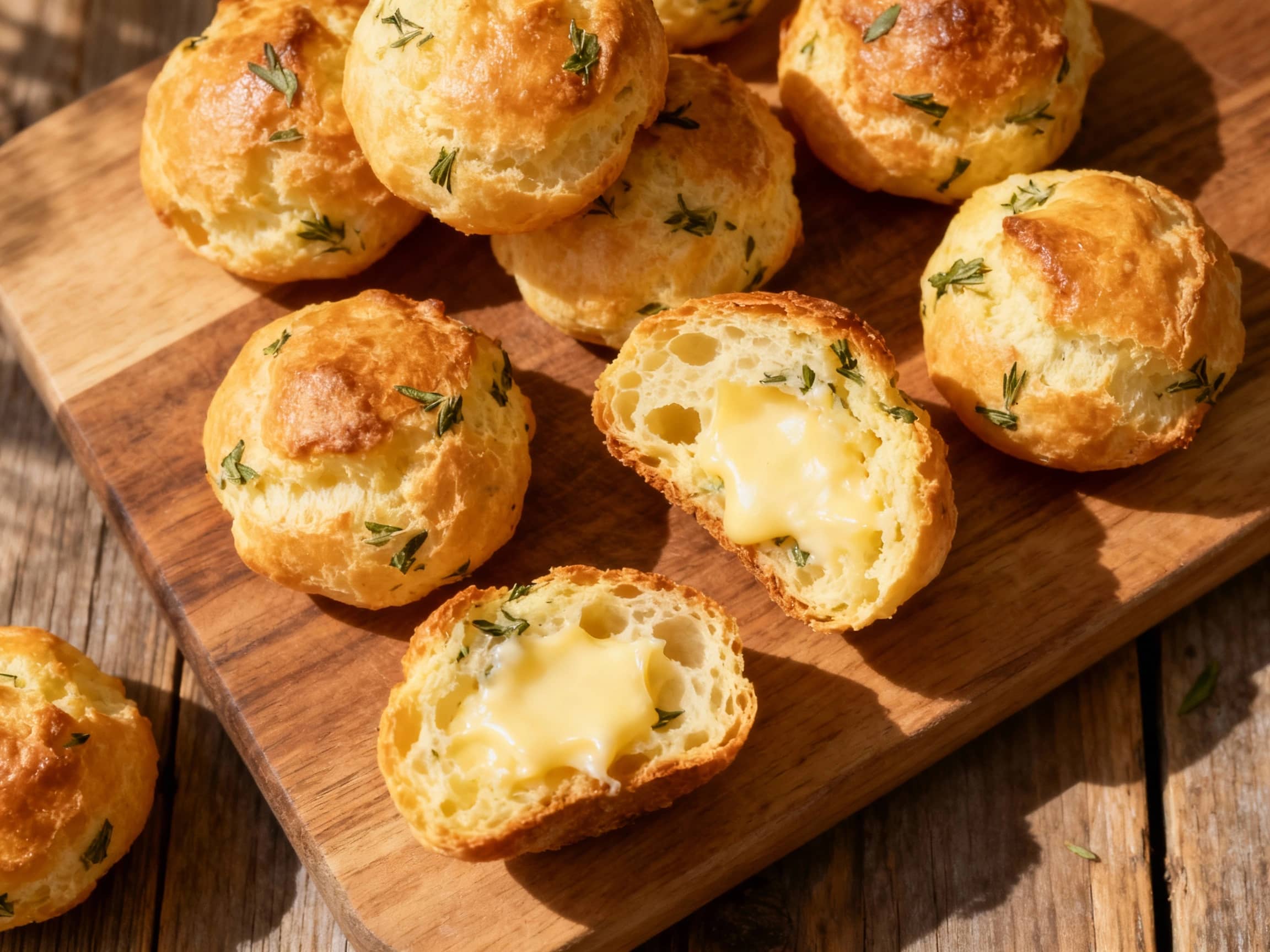Fluffy, golden-brown Gruyère gougères are arranged artfully on a rustic wooden board, sprinkled with fresh green herbs, ready to be enjoyed.