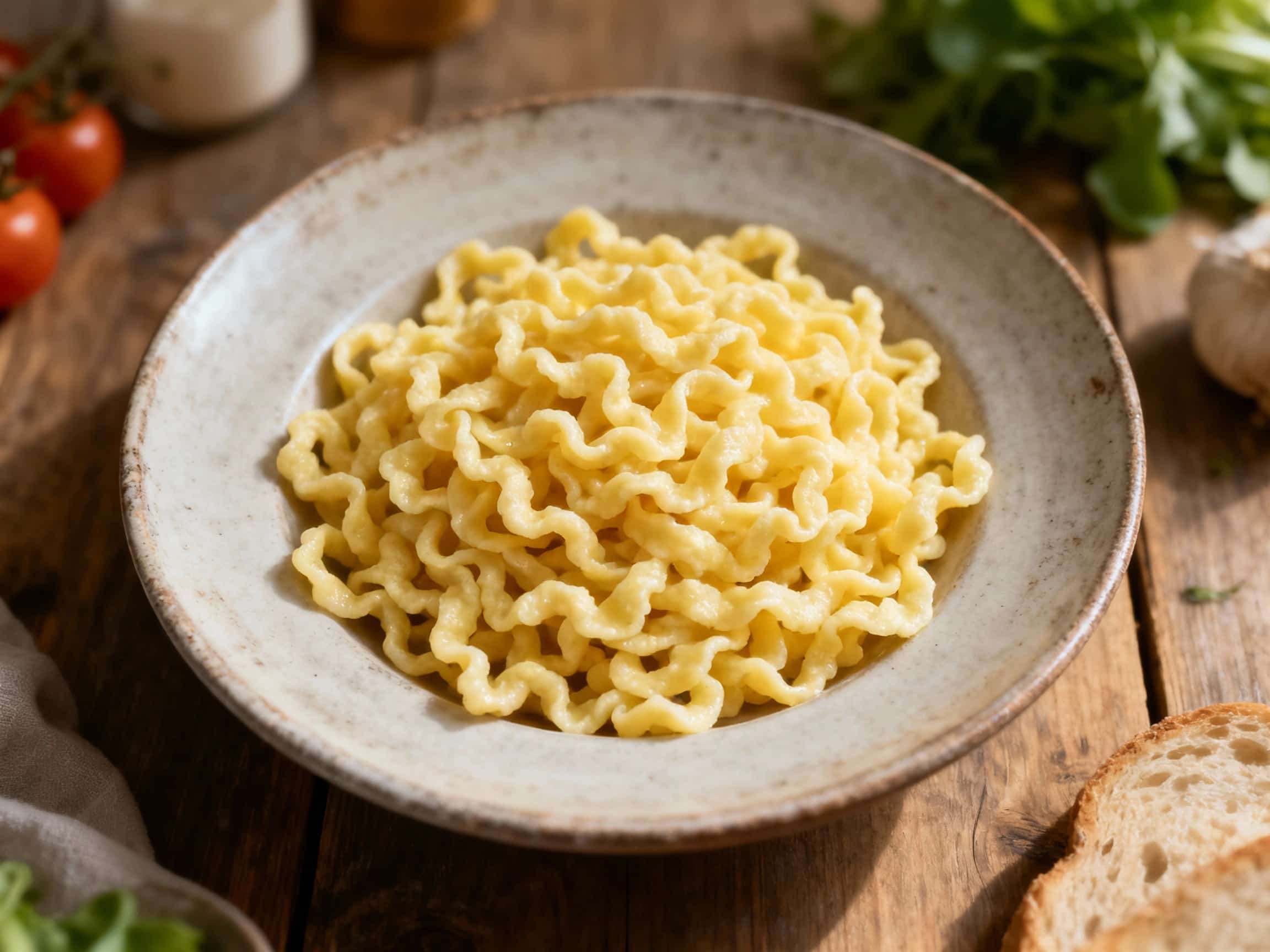 Golden, delicate spätzle, lightly browned and piled artfully on a rustic wooden board, ready to be enjoyed with a comforting meal.