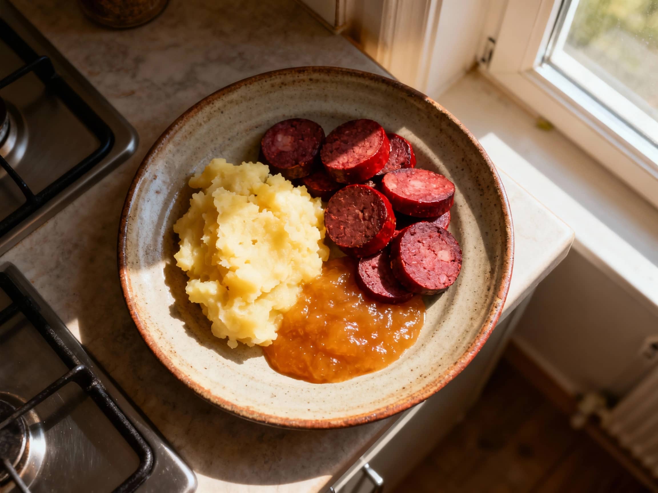 A rustic plate of Himmel und Erde features creamy mashed potatoes and sweet apples topped with a glistening grilled blood sausage, garnished with fresh chives.