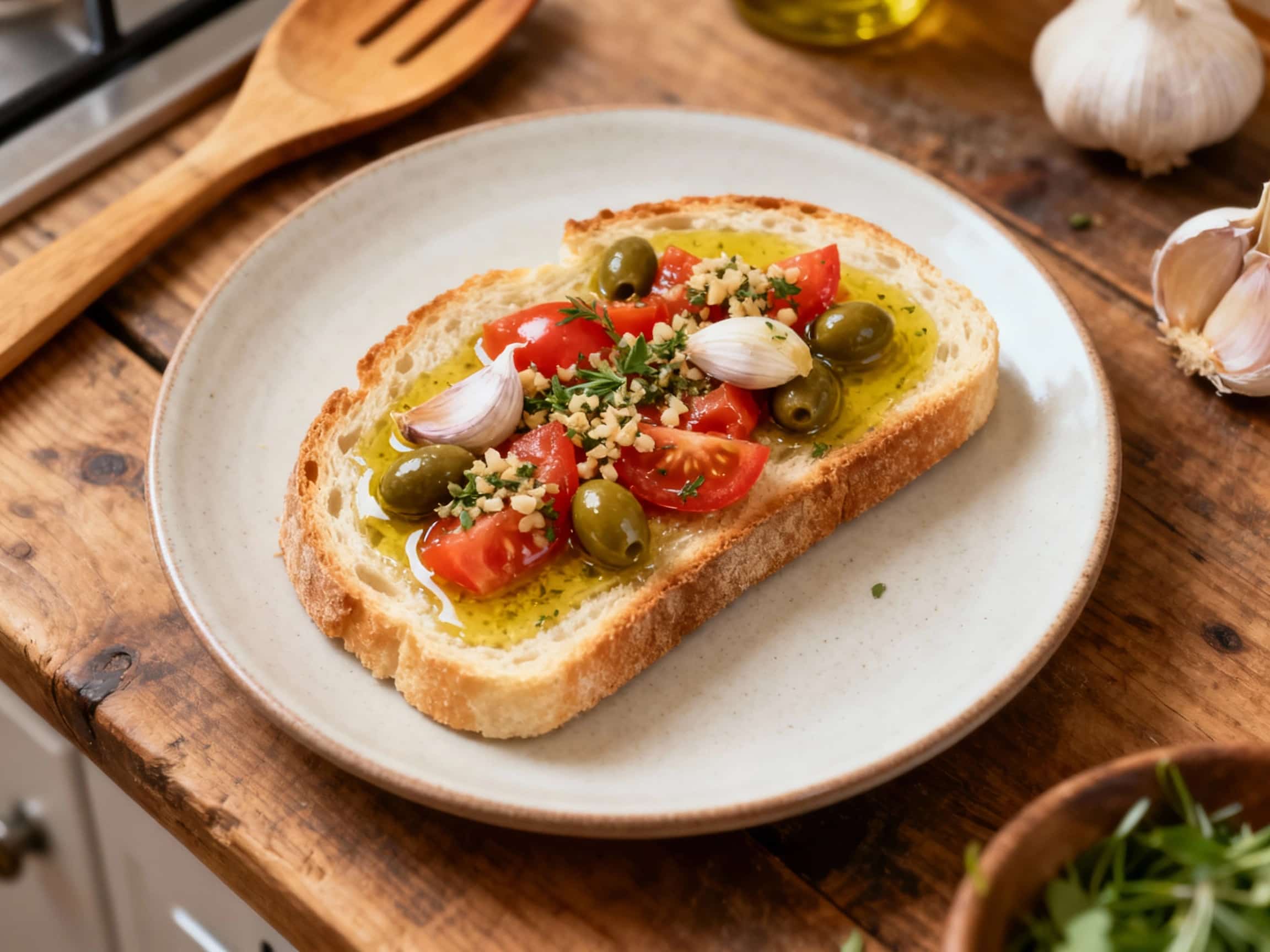 A rustic open-faced sandwich piled high with ripe tomatoes, salty anchovies, briny capers, and Kalamata olives on toasted bread, drizzled with olive oil and garnished with fresh basil.