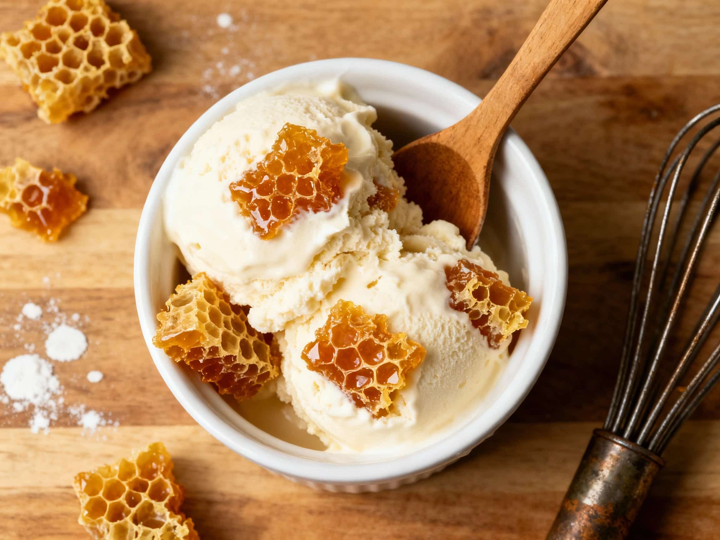 Golden, crunchy Hokey Pokey ice cream is unevenly broken into large chunks, piled high on a simple white plate, showcasing its airy texture and caramelized toffee bits.