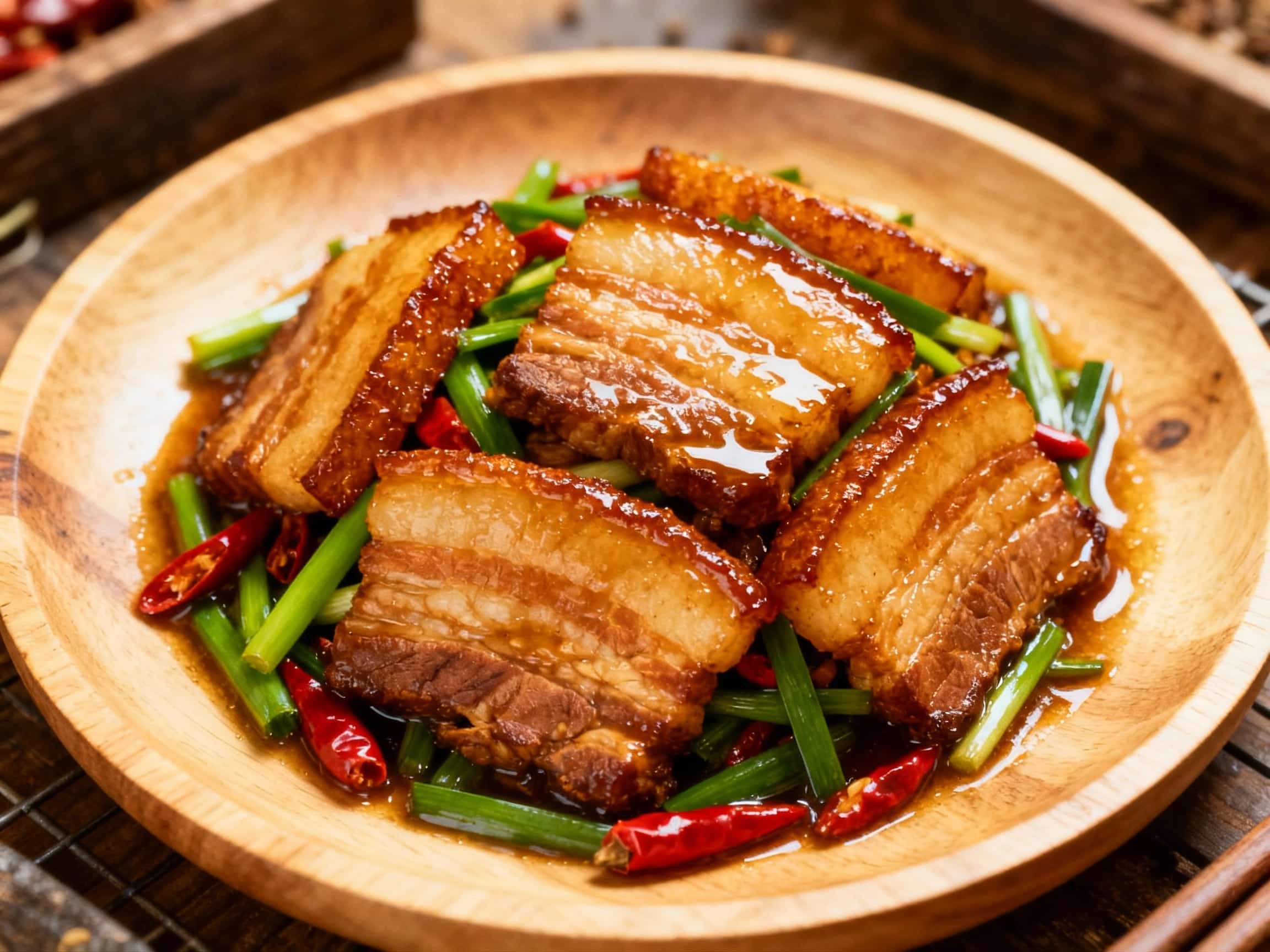 A vibrant, glossy pan of Hui Guo Rou features tender slices of pork belly and crisp, colorful bell peppers glistening in a savory sauce, ready to be devoured.