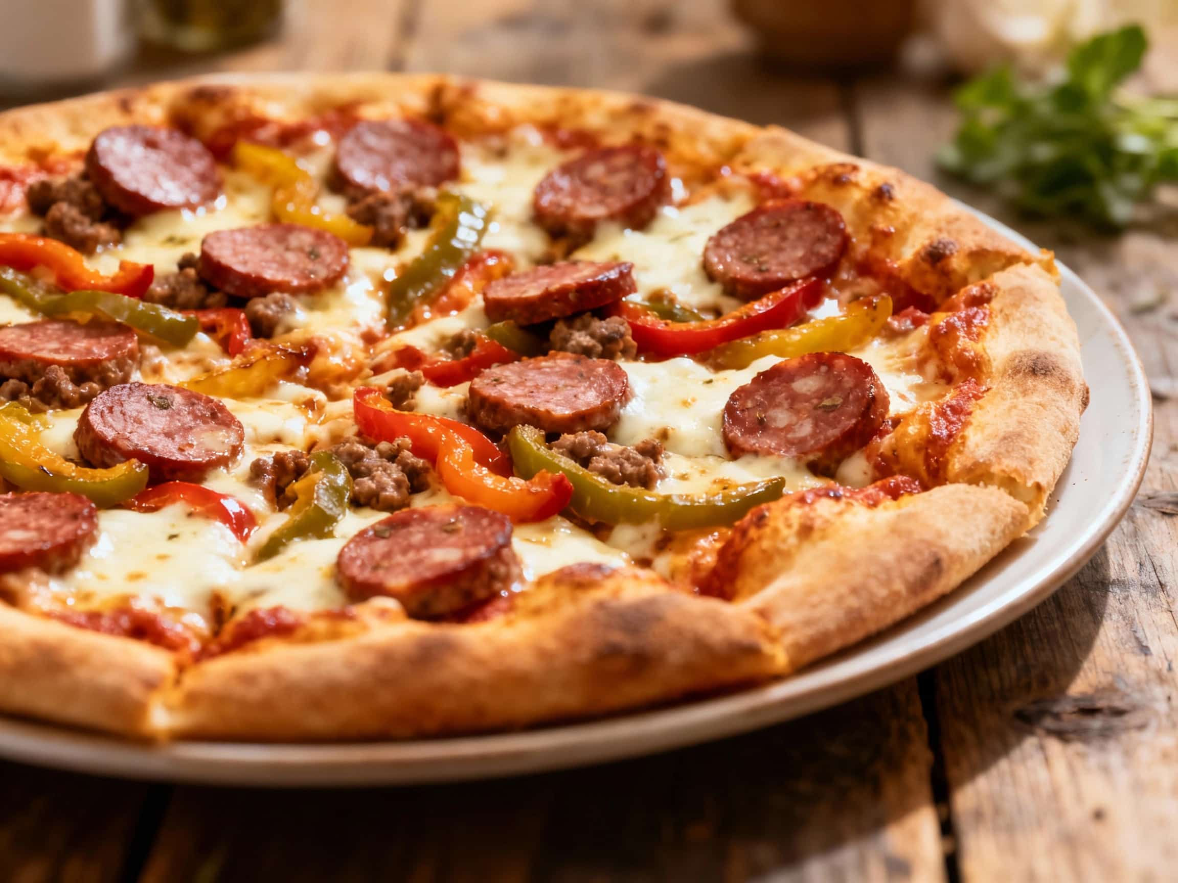 A beautifully charred New York-style pizza, topped generously with vibrant chunks of Italian sausage, sweet bell peppers, and melted mozzarella cheese, rests on a rustic wooden surface.
