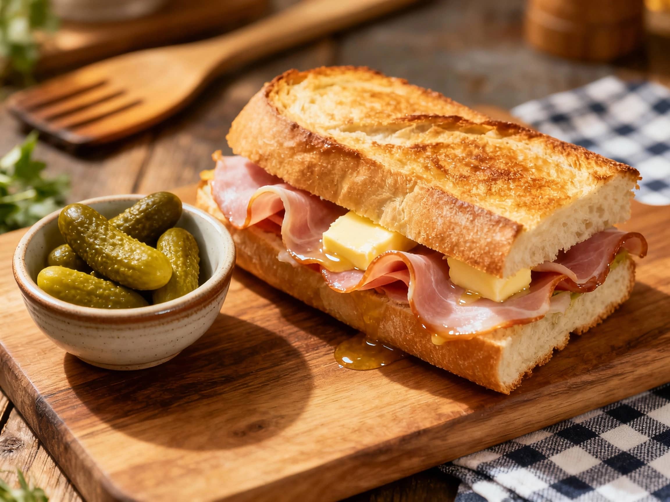 A perfectly toasted baguette, buttered generously and filled with thinly sliced ham, sits invitingly on a rustic wooden board, ready to be enjoyed with bright green cornichons on the side.