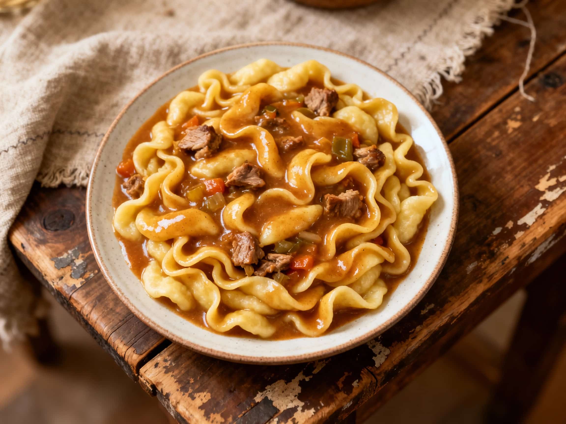 A beautifully plated serving of Polish Kluski Śląskie, featuring soft, round potato dumplings with a slight indentation, all coated in a thick, savory dark beef gravy. The dish is presented on a simple white plate, evoking a sense of traditional Polish home cooking and hearty comfort food, perfect for a cold evening.