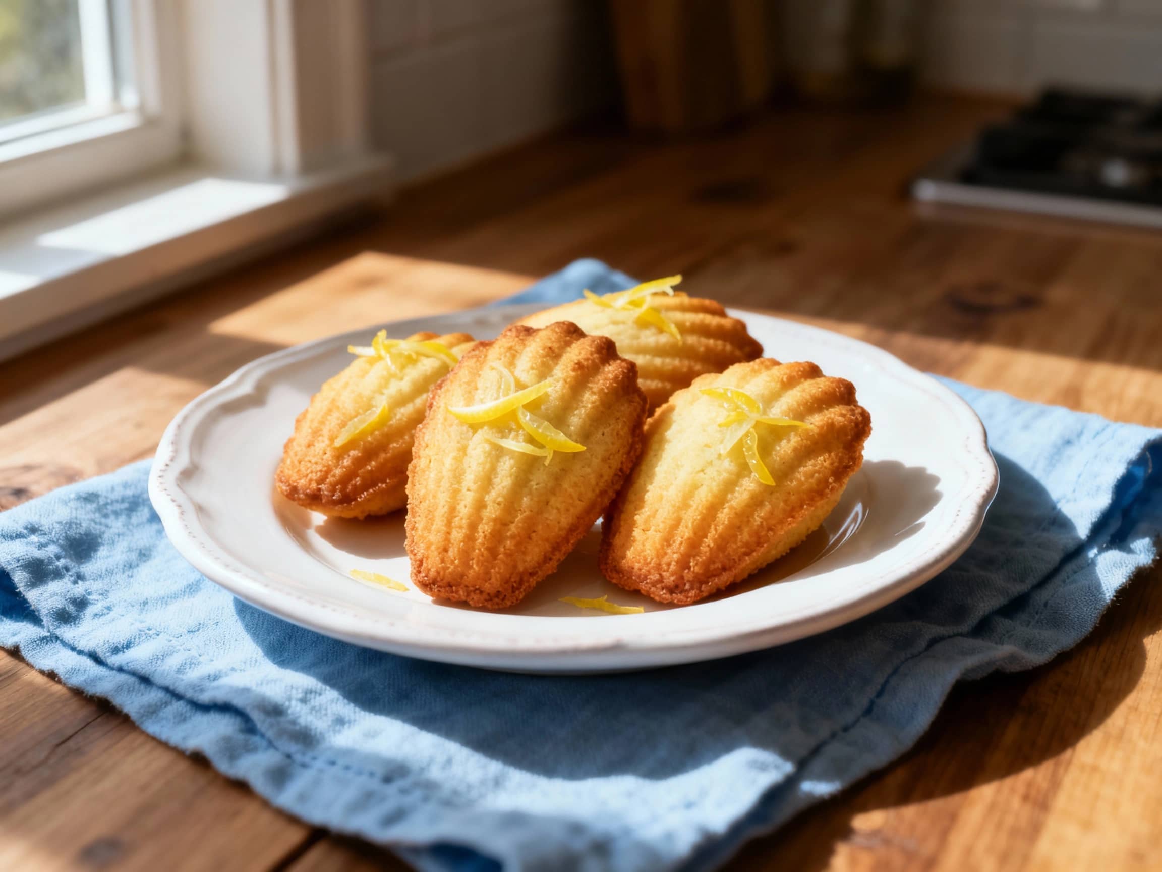 Golden-brown, shell-shaped madeleine cookies dusted with powdered sugar, arranged artfully on a white ceramic plate with a scattering of fresh lemon zest.