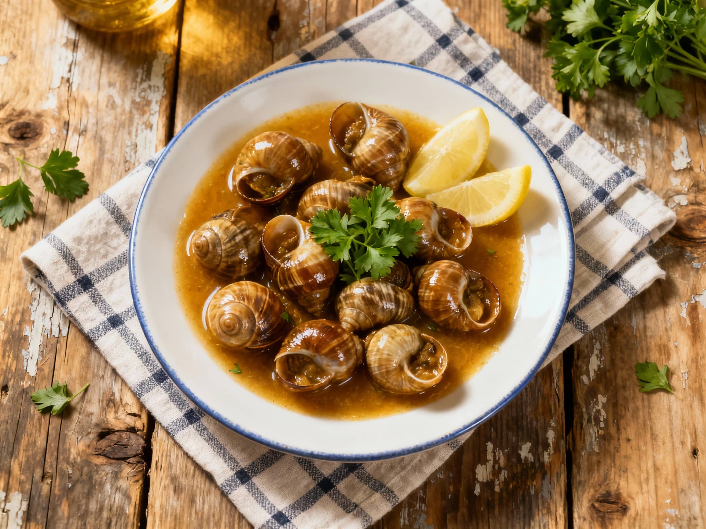 Tender Maltese snails simmer in a rich, aromatic tomato and herb broth, served piping hot in a rustic earthenware bowl garnished with fresh parsley.
