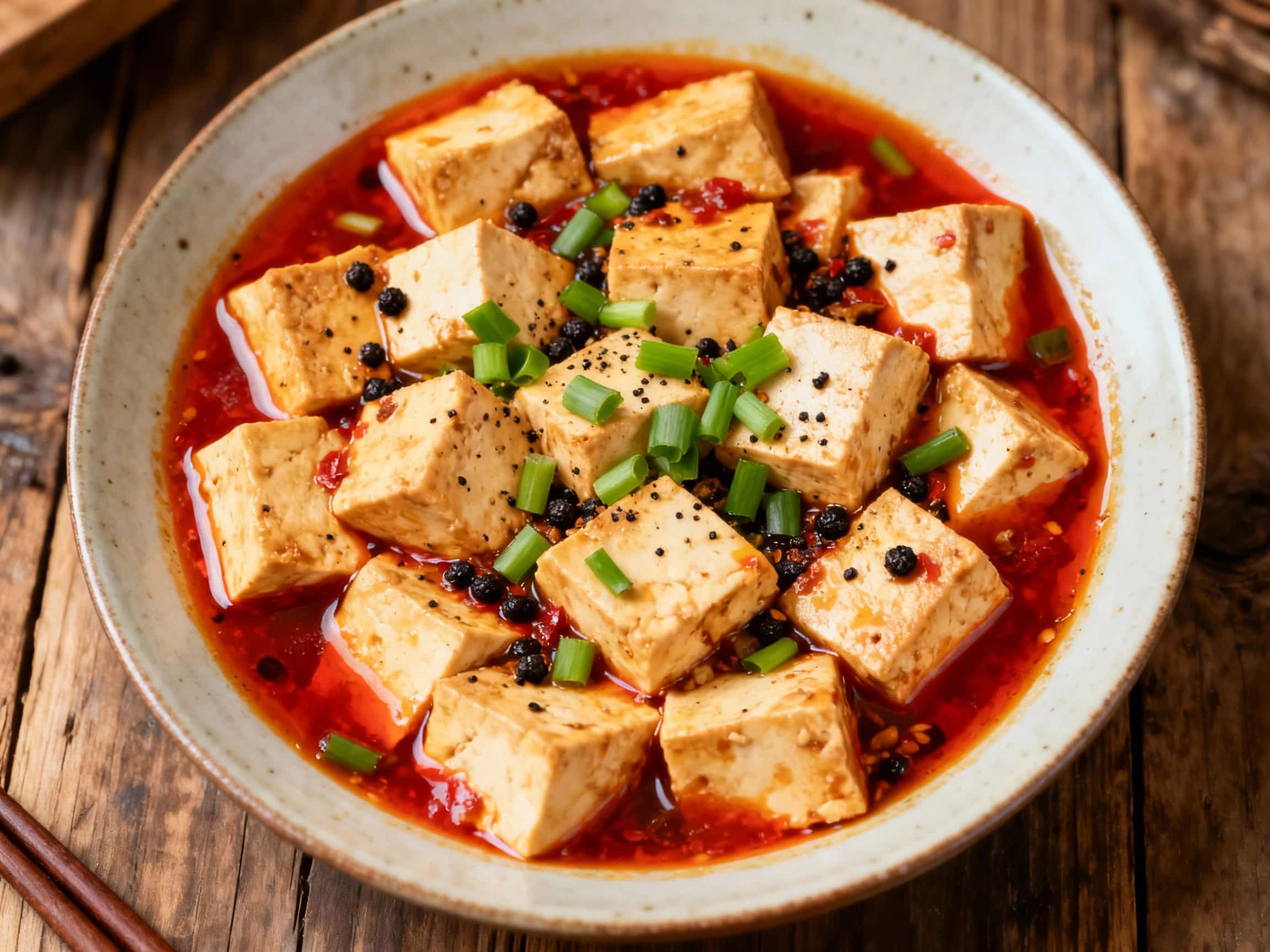 A vibrant, saucy dish of white tofu and ground pork, glistening with a rich chili-oil sauce, topped with fresh green scallions and chili flakes.