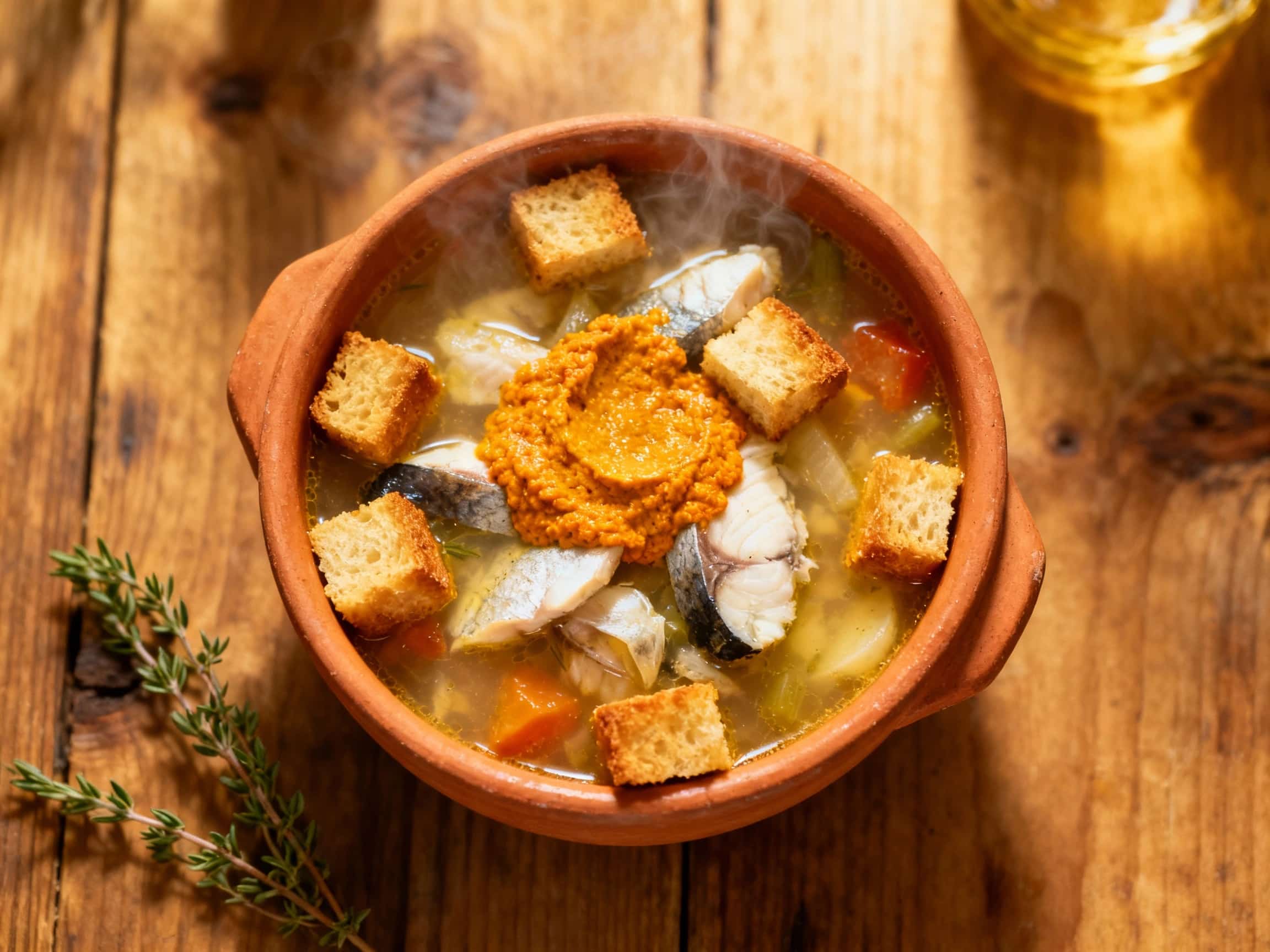 A rustic, golden bowl of fish soup brims with tender seafood, topped with a dollop of vibrant rouille and crusty croutons, ready to be enjoyed.