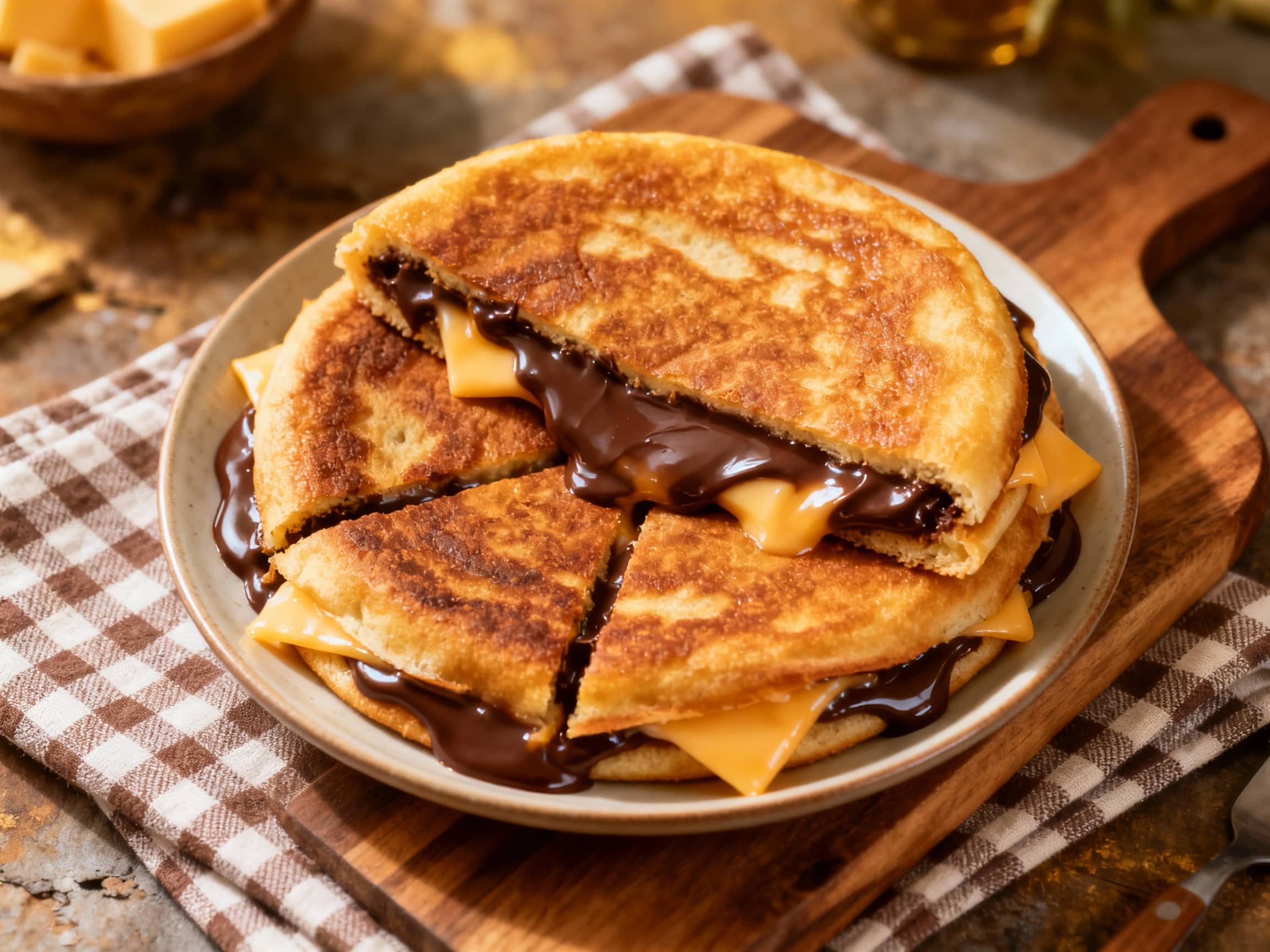 A delicious slice of Indonesian Martabak Manis, a thick sweet pancake, showcases its rich chocolate and cheese filling. The pancake is golden brown and topped with melted butter and condensed milk, presented on a rustic wooden surface, hinting at its street food origins.