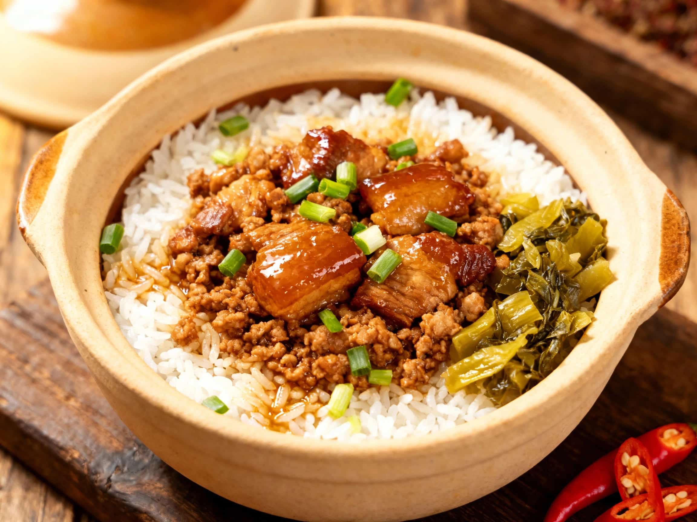 A steaming bowl of Taiwanese lu rou fan features tender, dark braised minced pork spooned over fluffy white rice, glistening with savory sauce and topped with a bright green scallion garnish.
