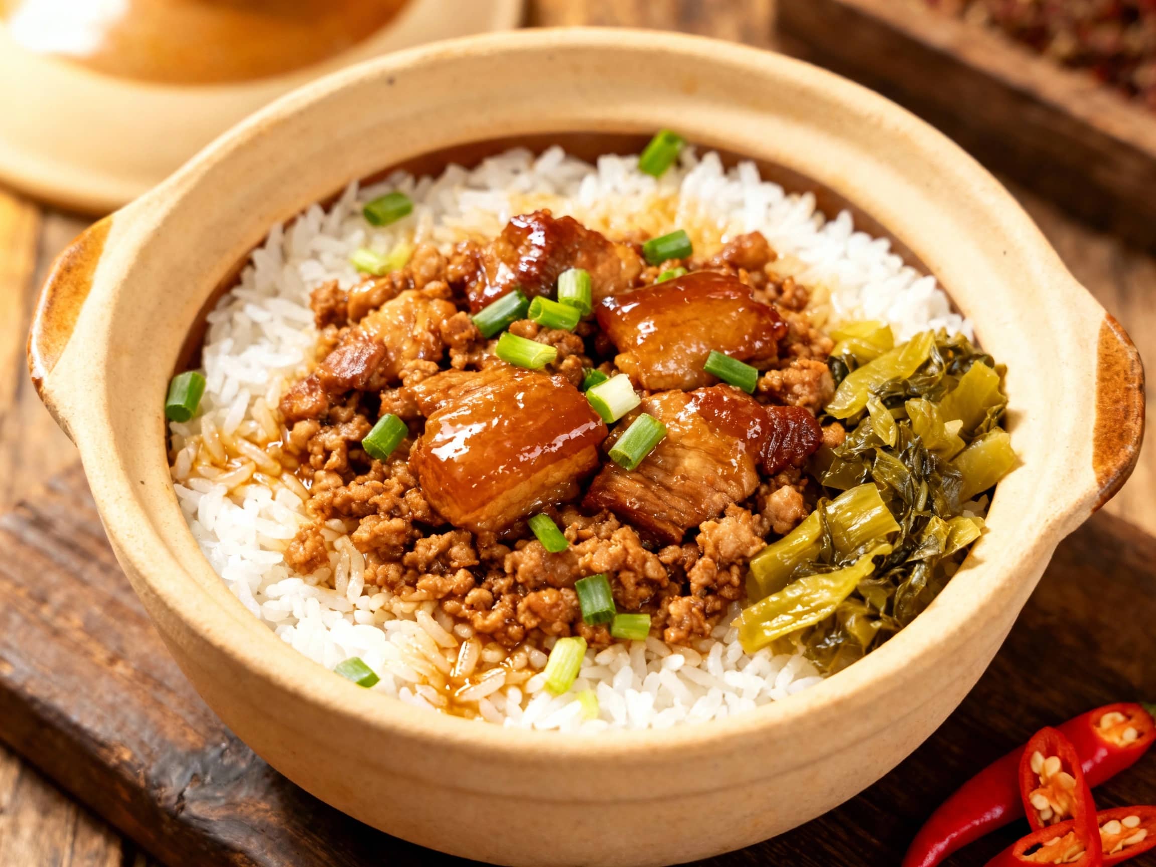 A steaming bowl of Taiwanese lu rou fan features tender, dark braised minced pork spooned over fluffy white rice, glistening with savory sauce and topped with a bright green scallion garnish.