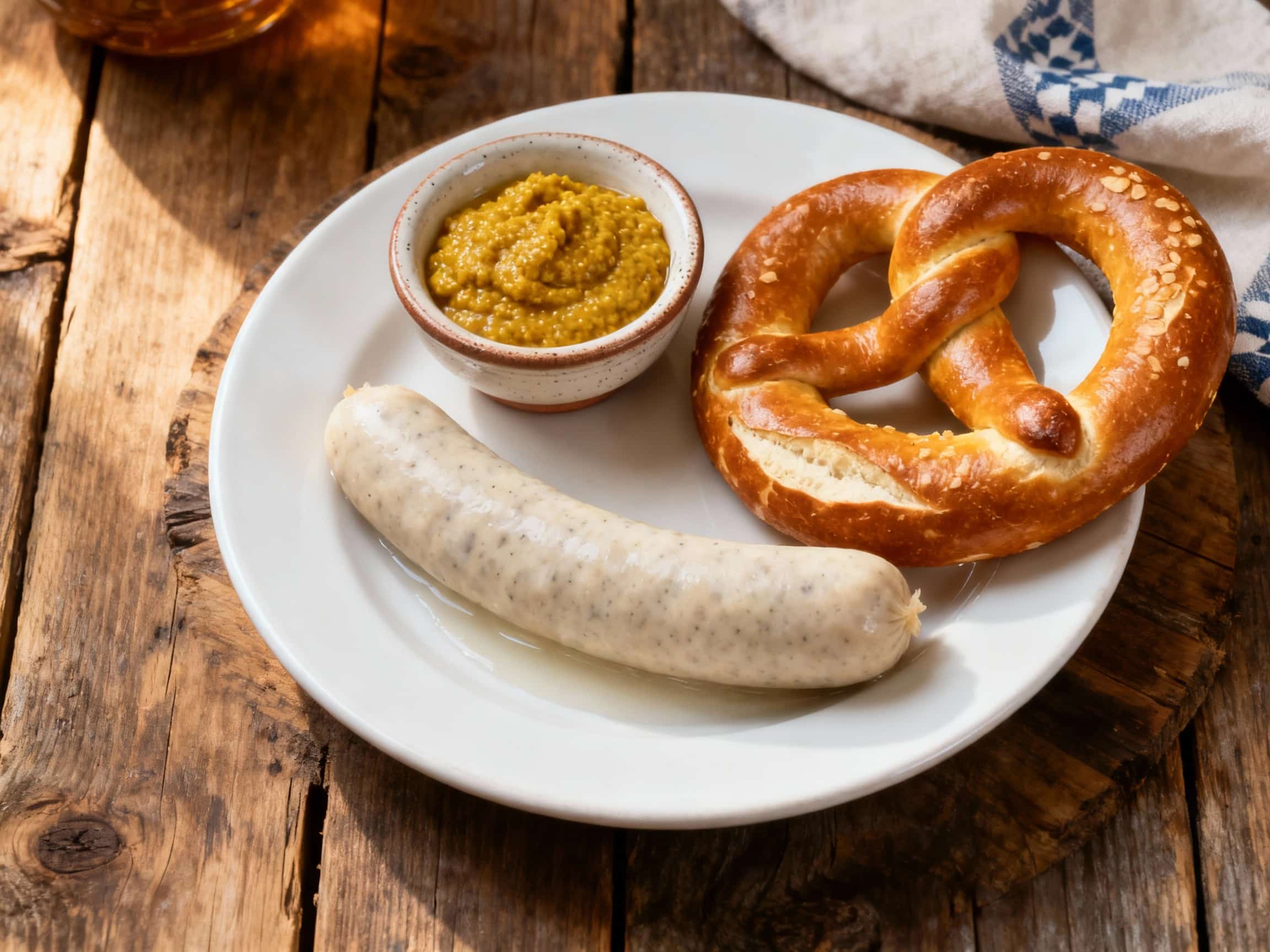 Two plump, pale weißwurst sausages rest in a rustic white bowl beside a dollop of dark, grainy süßer Senf, a twisted pretzel perched nearby, all bathed in warm, inviting light.