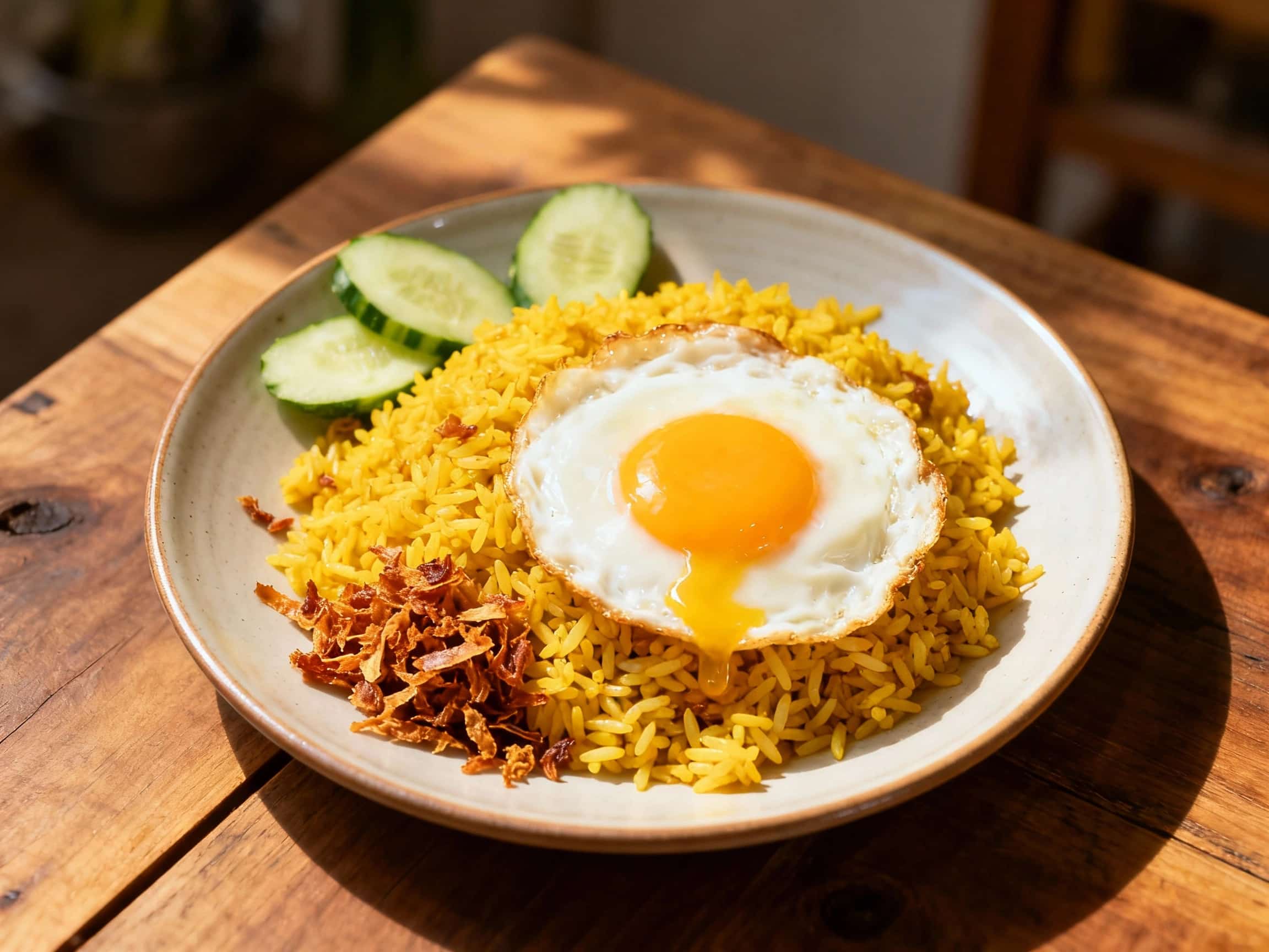 A colorful and appetizing plate of Indonesian Nasi Goreng, featuring savory fried rice topped with a glistening fried egg, accompanied by fresh cucumber and tomato slices, and sprinkled with crispy fried shallots. The dish is presented invitingly on a simple ceramic plate, ready to be enjoyed.