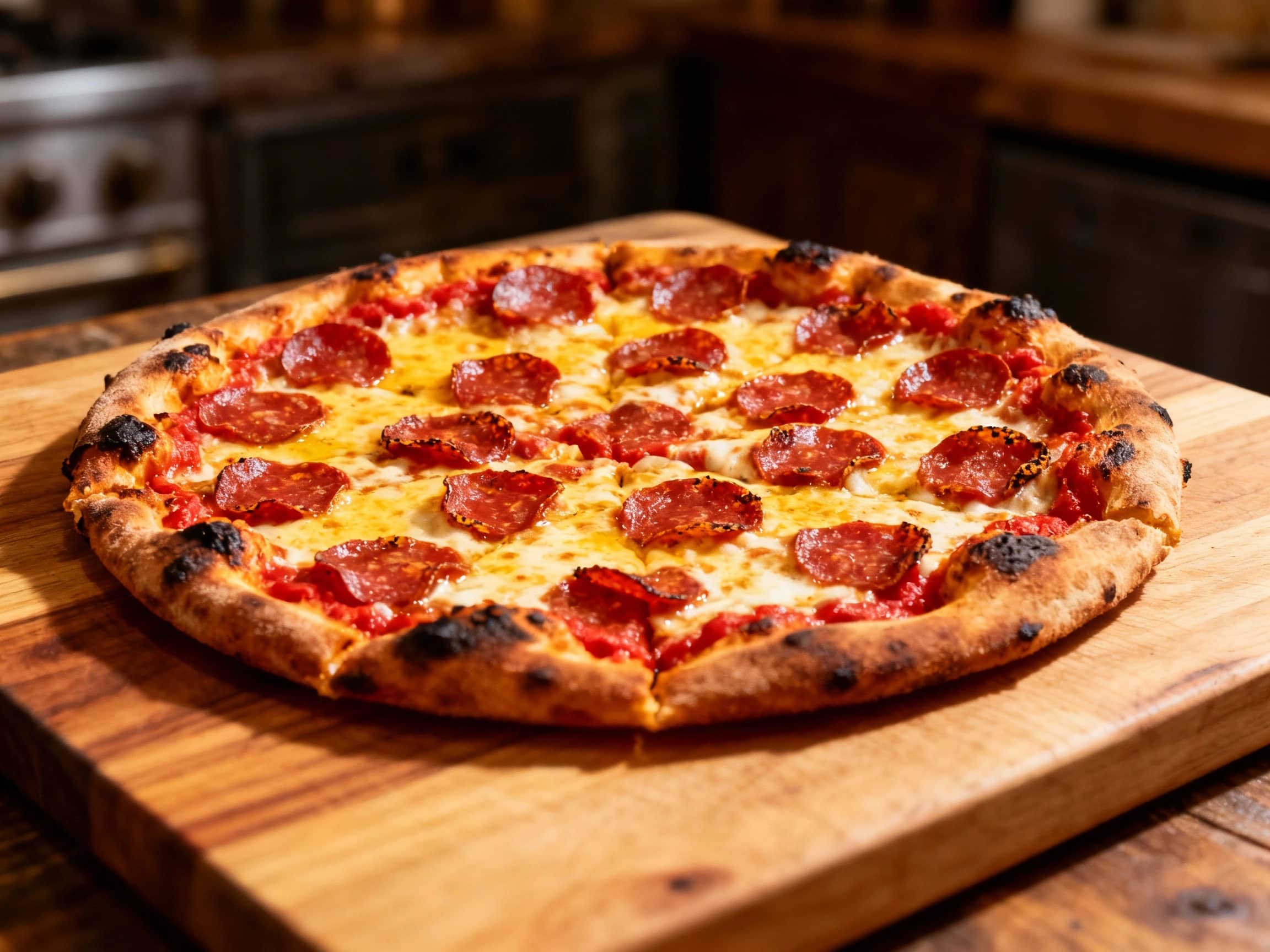 A glistening, golden-brown New York-style pepperoni pizza is perfectly sliced, featuring a thin, chewy crust topped with rich tomato sauce, melted mozzarella, and crispy, curled pepperoni pieces.