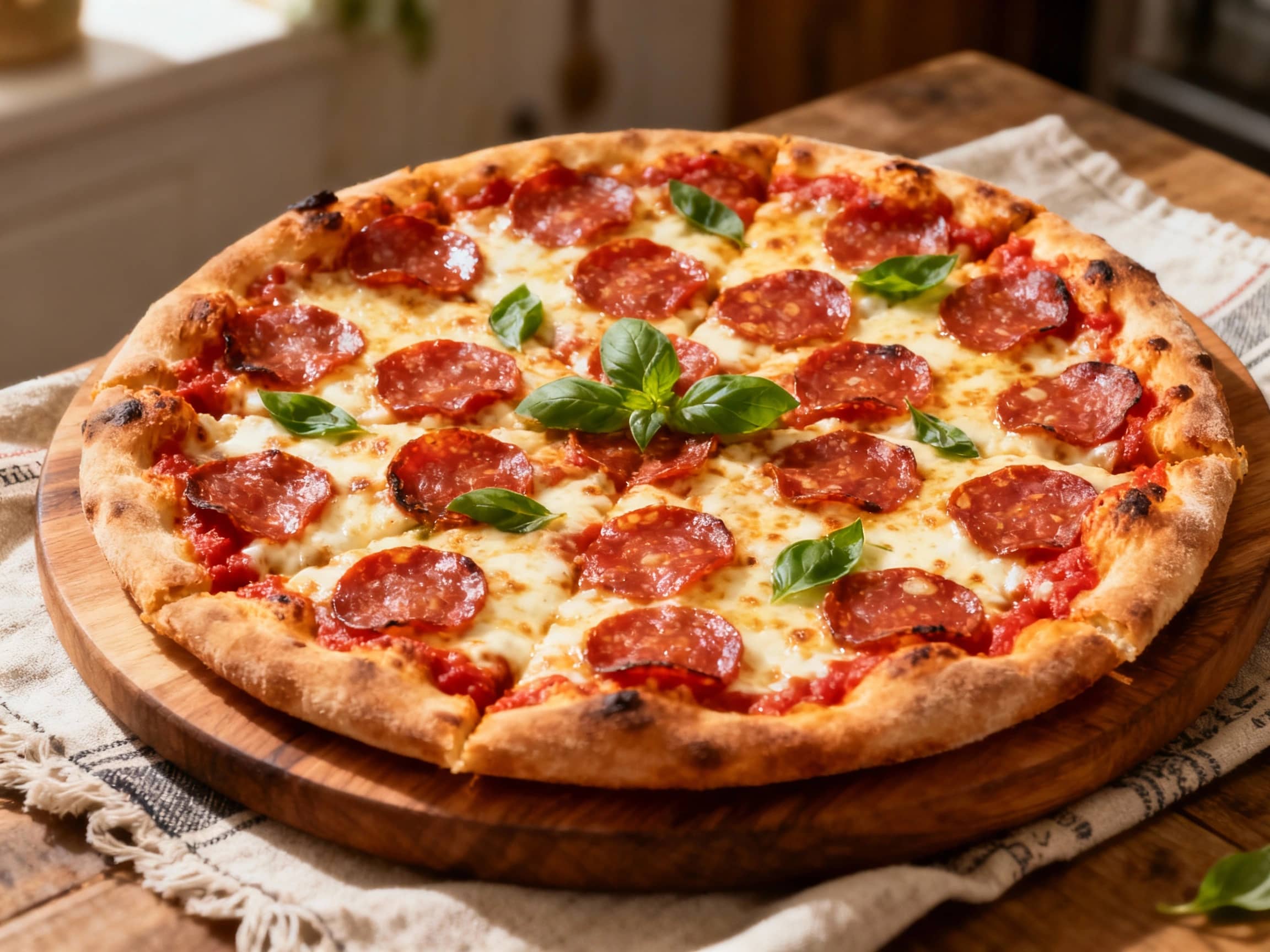 A classic New York style pepperoni pizza sits on a wooden board, glistening with melted cheese and topped with crispy pepperoni slices, ready to be enjoyed.