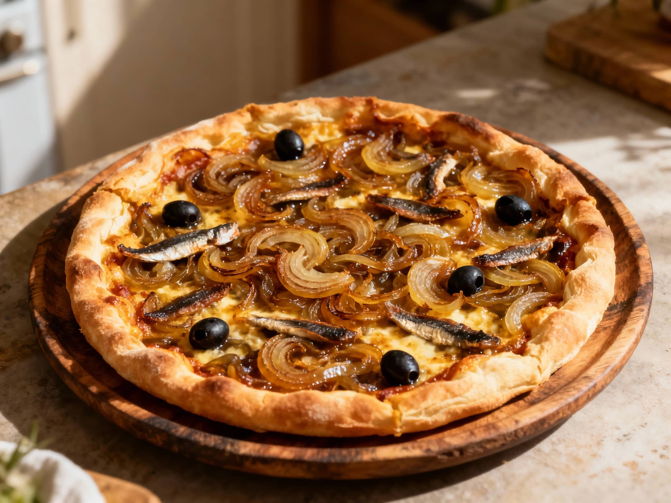 A rustic, golden-brown pissaladière tart, generously topped with sweet caramelized onions, salty anchovies, and briny Niçoise olives rests on a wooden board, ready to be sliced.