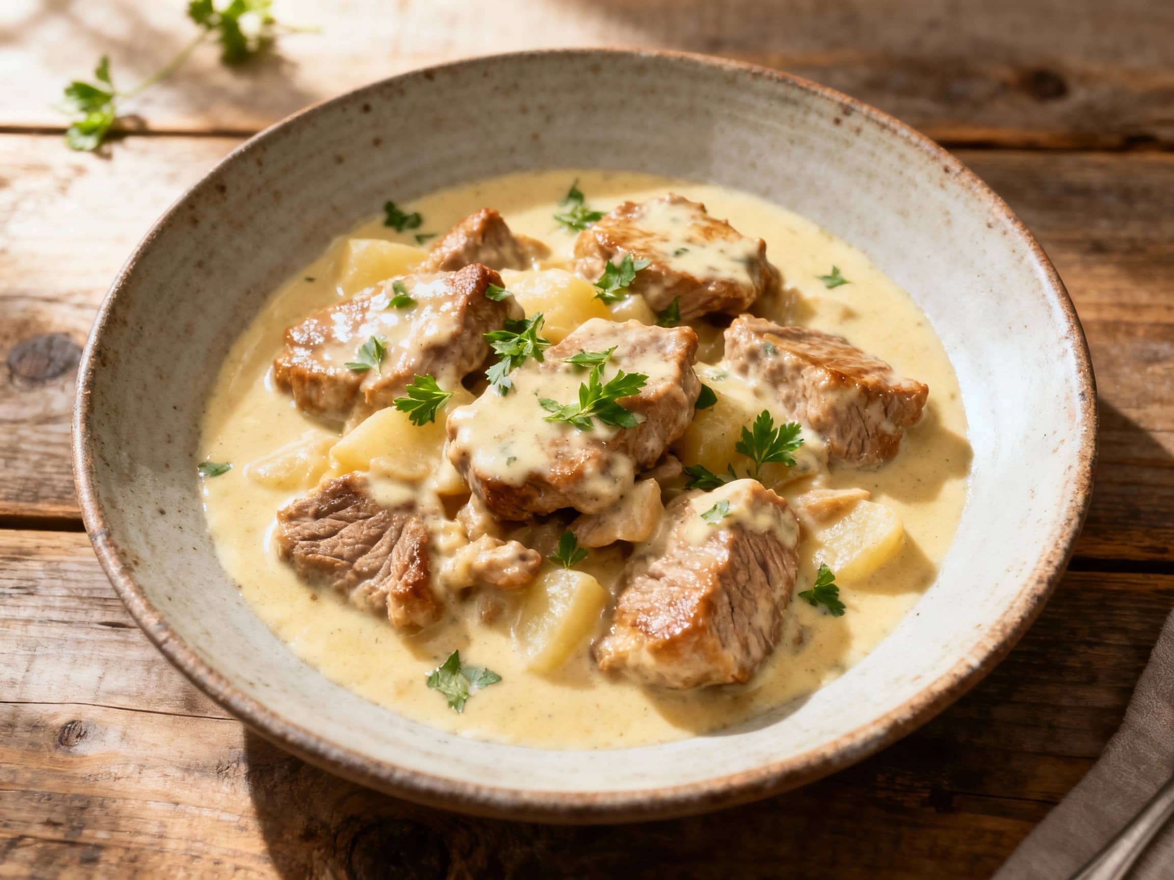 A creamy, pale veal blanquette is served in a white bowl, garnished with fresh parsley and glistening with créme fraîche, presenting a comforting and classic French dish.