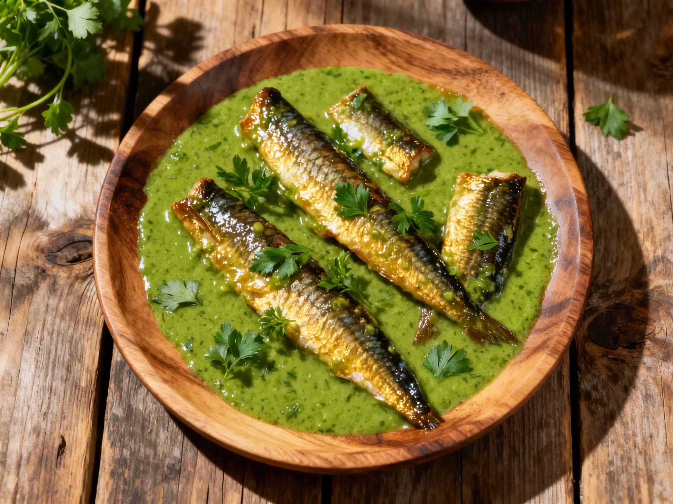 A classic Belgian dish, Paling in 't Groen features tender eel pieces bathed in a vibrant, herb-infused green sauce, presented invitingly in a shallow white bowl and garnished with fresh parsley.