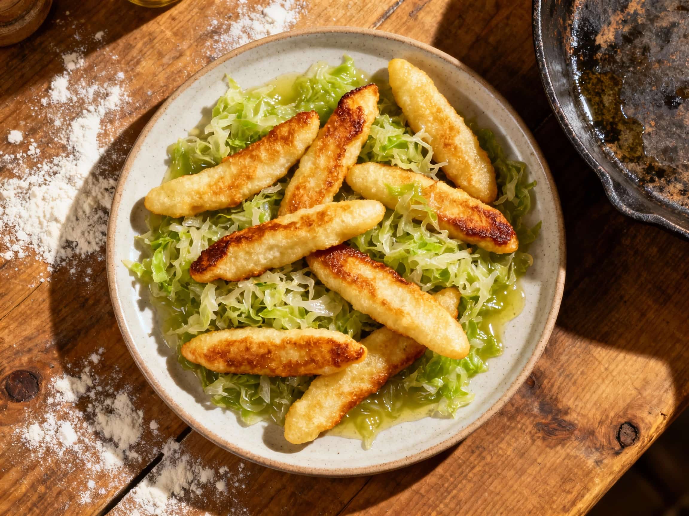 Golden-brown, pan-fried schupfnudeln are piled high next to a mound of tangy sauerkraut, glistening slightly under warm kitchen light.