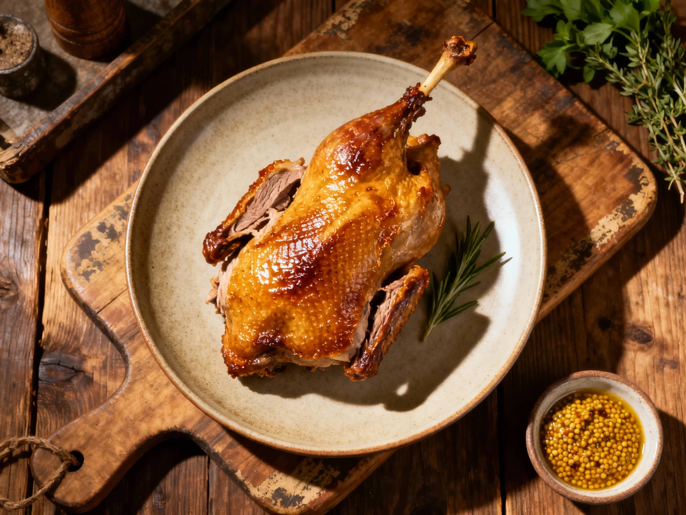 Golden-brown duck confit leg with amazingly crispy skin rests artfully on a white plate, glistening under soft lighting, ready to be served.